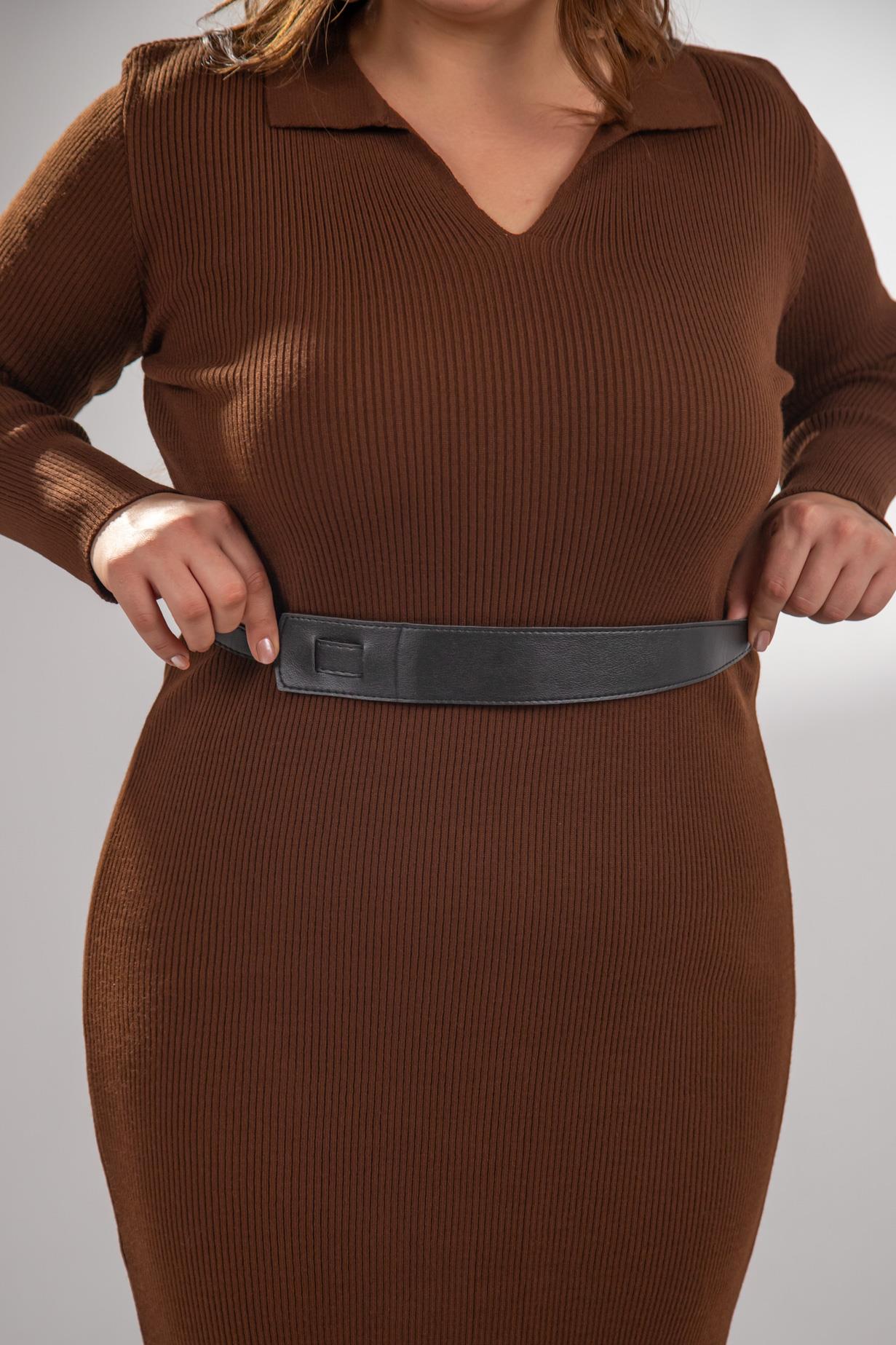 Büyük Beden 2237002 Polo Yaka Triko Elbise  Kahverengi