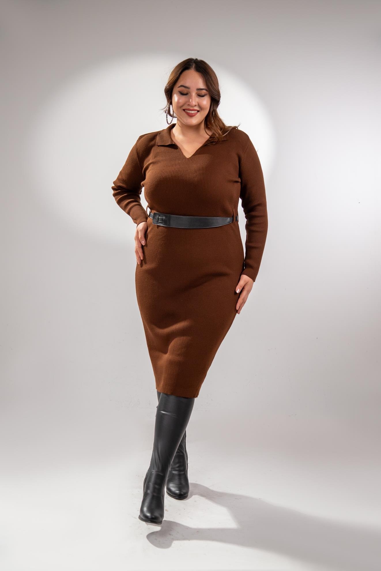 Büyük Beden 2237002 Polo Yaka Triko Elbise  Kahverengi