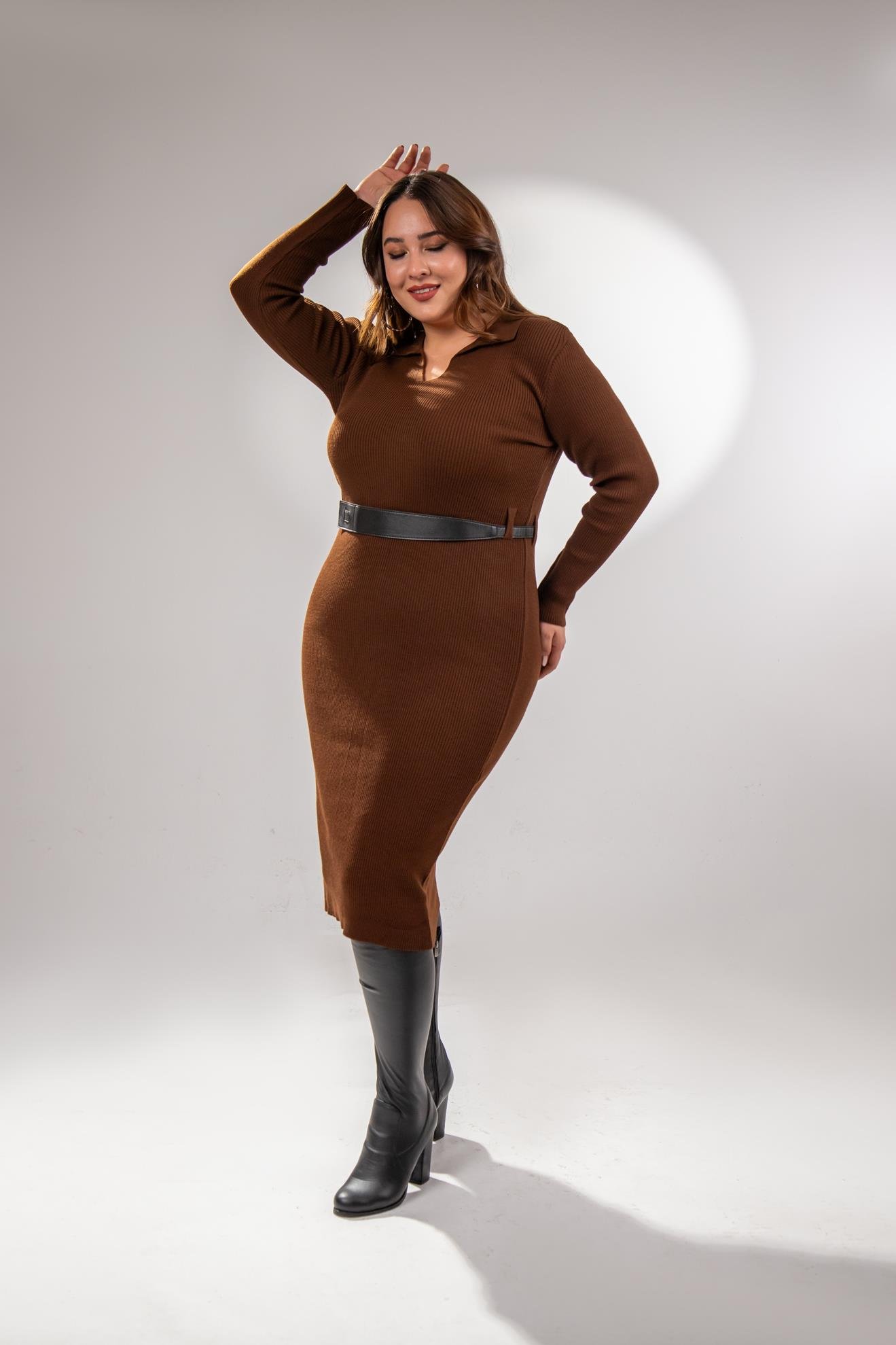 Büyük Beden 2237002 Polo Yaka Triko Elbise  Kahverengi