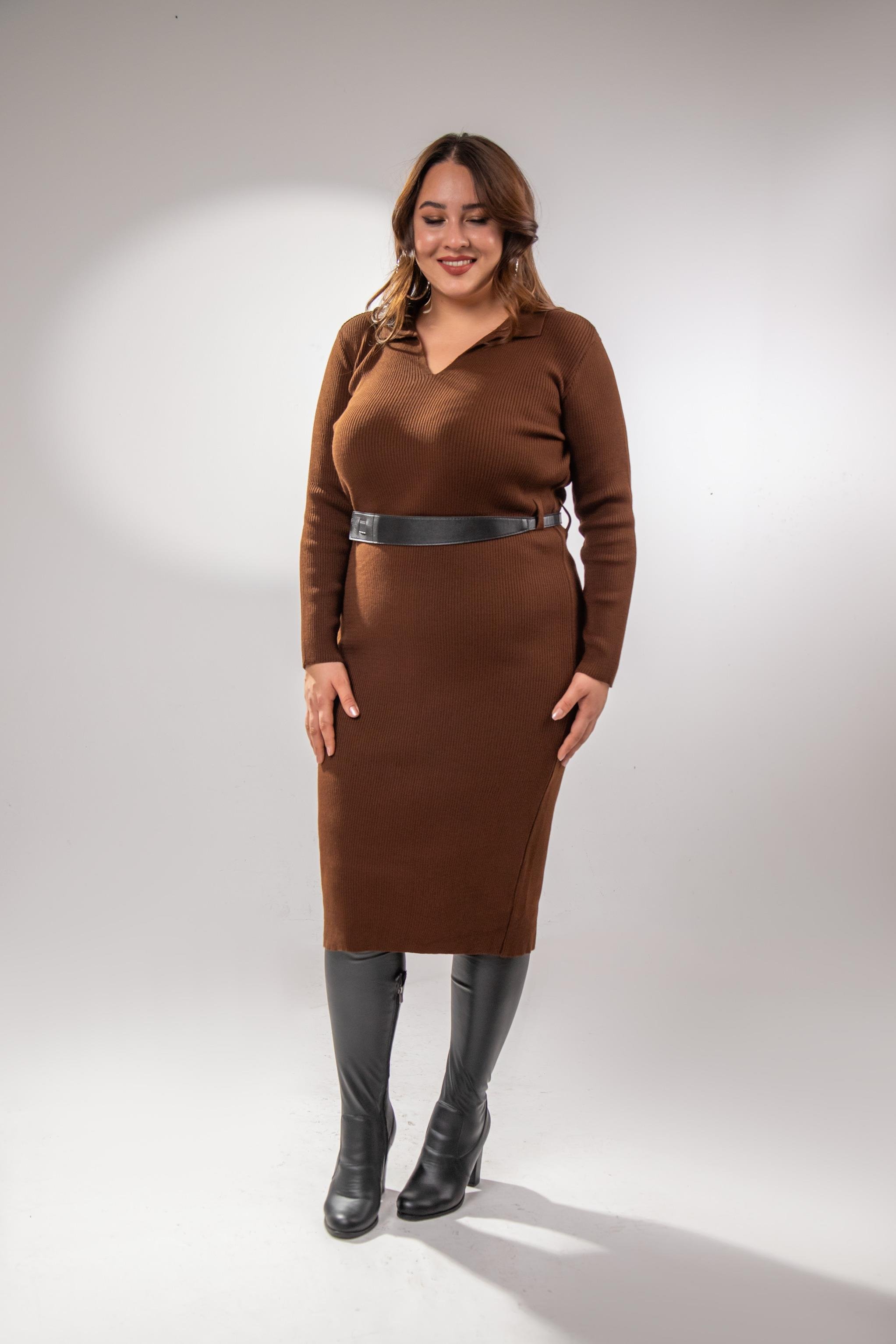 Büyük Beden 2237002 Polo Yaka Triko Elbise  Kahverengi