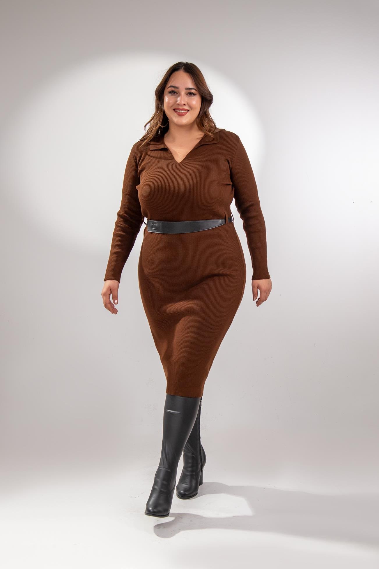 Büyük Beden 2237002 Polo Yaka Triko Elbise  Kahverengi