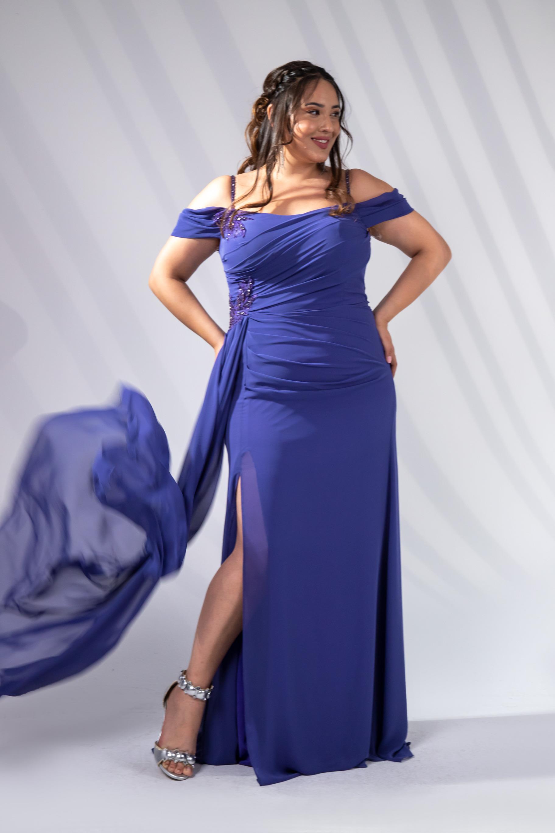 Büyük Beden 24220268 Aplik İşleme Pileli Abiye  Lila