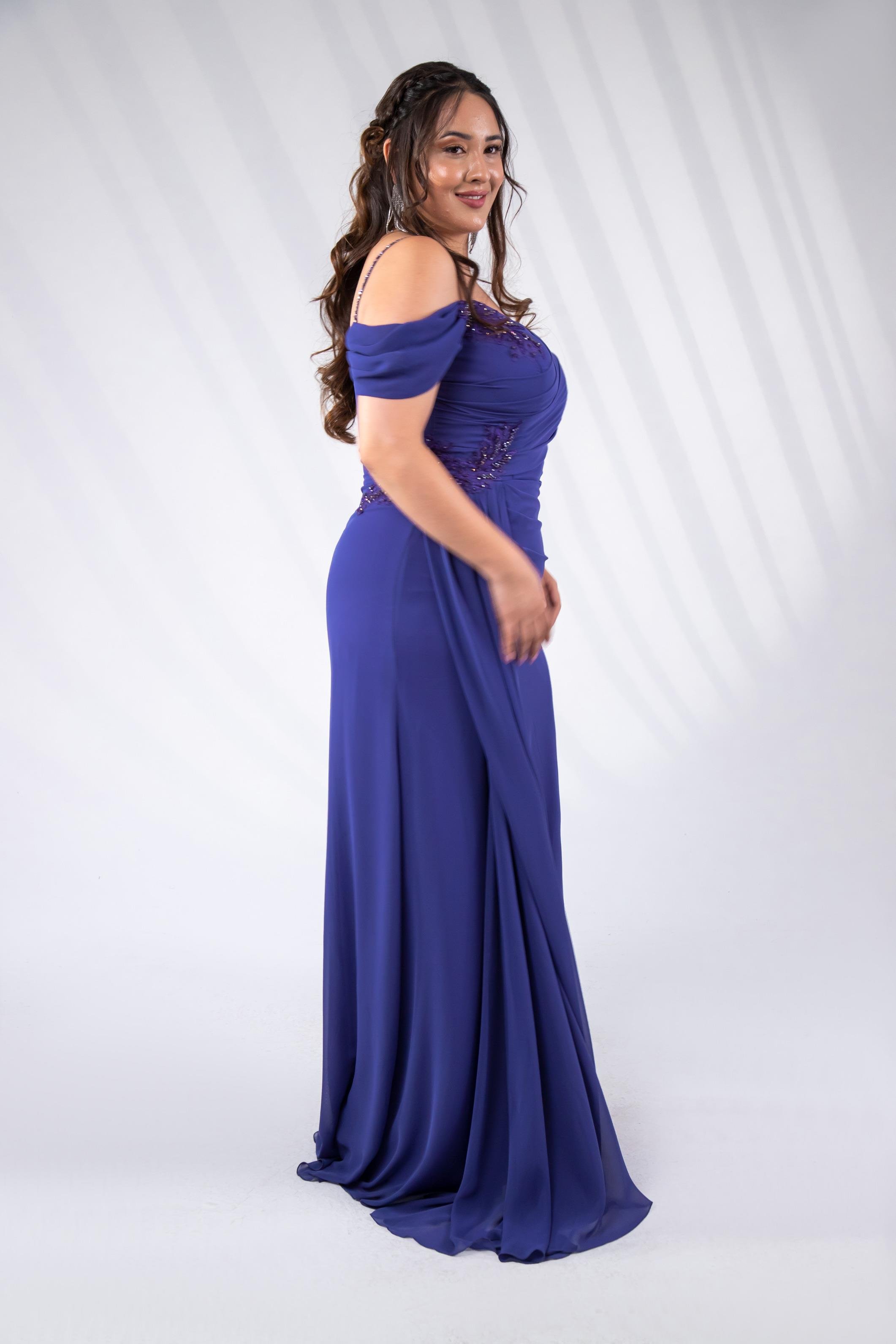 Büyük Beden 24220268 Aplik İşleme Pileli Abiye  Lila