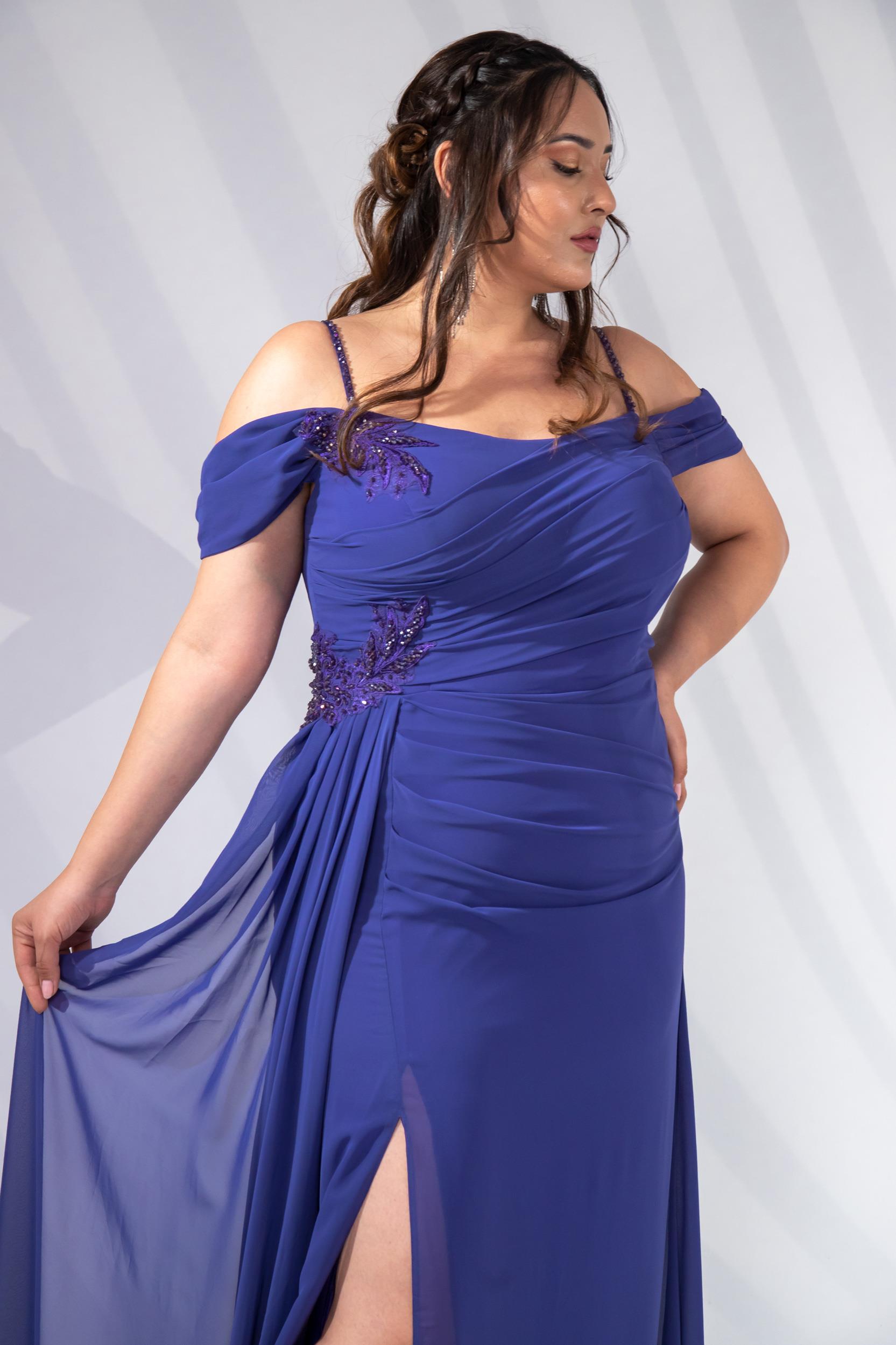 Büyük Beden 24220268 Aplik İşleme Pileli Abiye  Lila