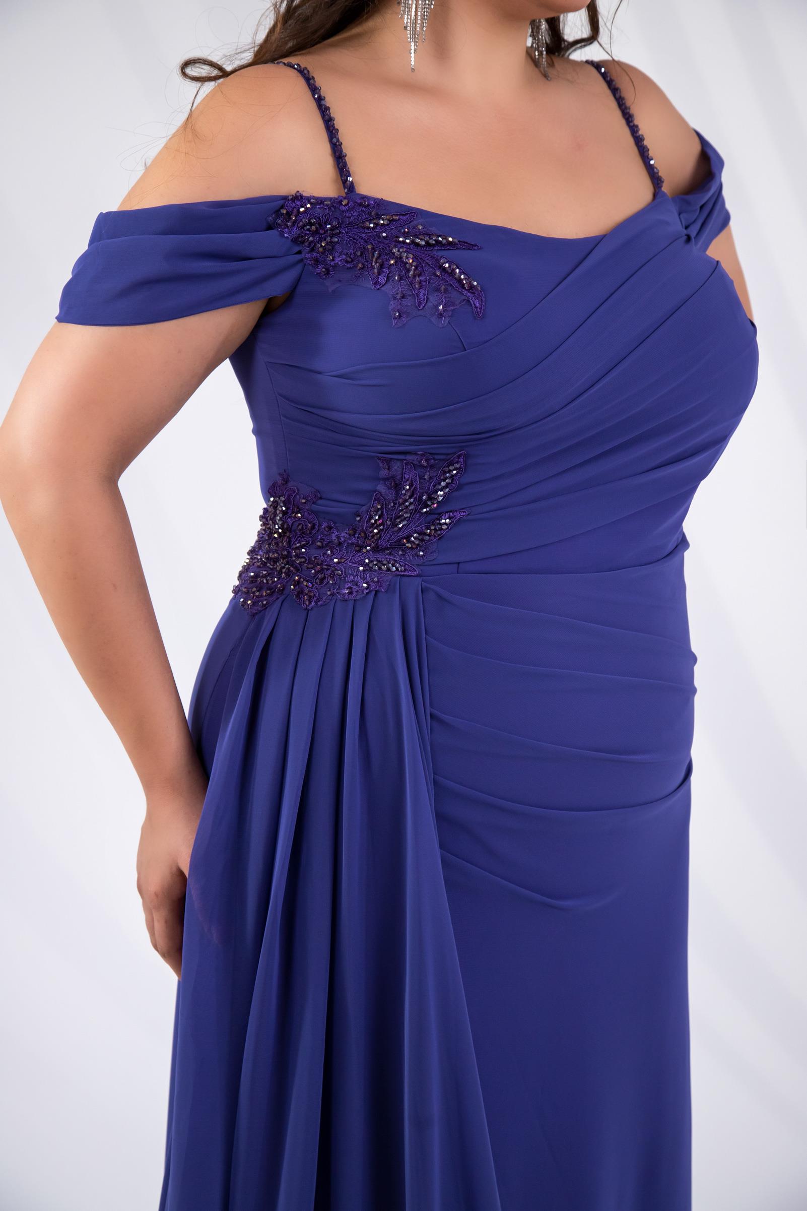 Büyük Beden 24220268 Aplik İşleme Pileli Abiye  Lila