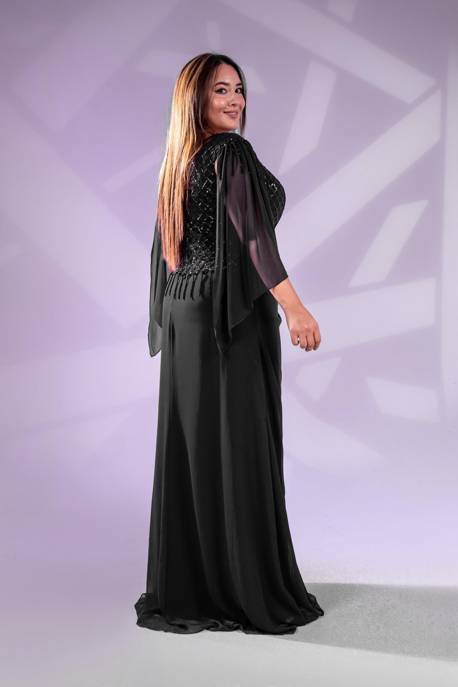 Büyük Beden 24220312  Pul Payetli Şifon Abiye  Siyah