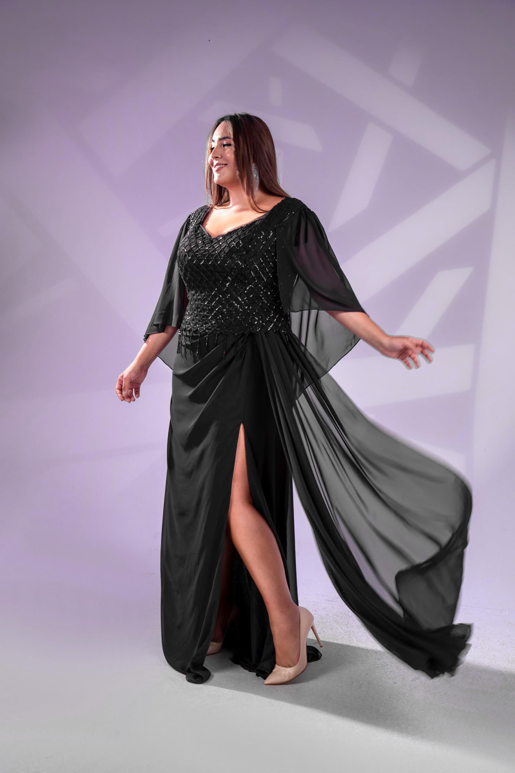 Büyük Beden 24220312  Pul Payetli Şifon Abiye  Siyah