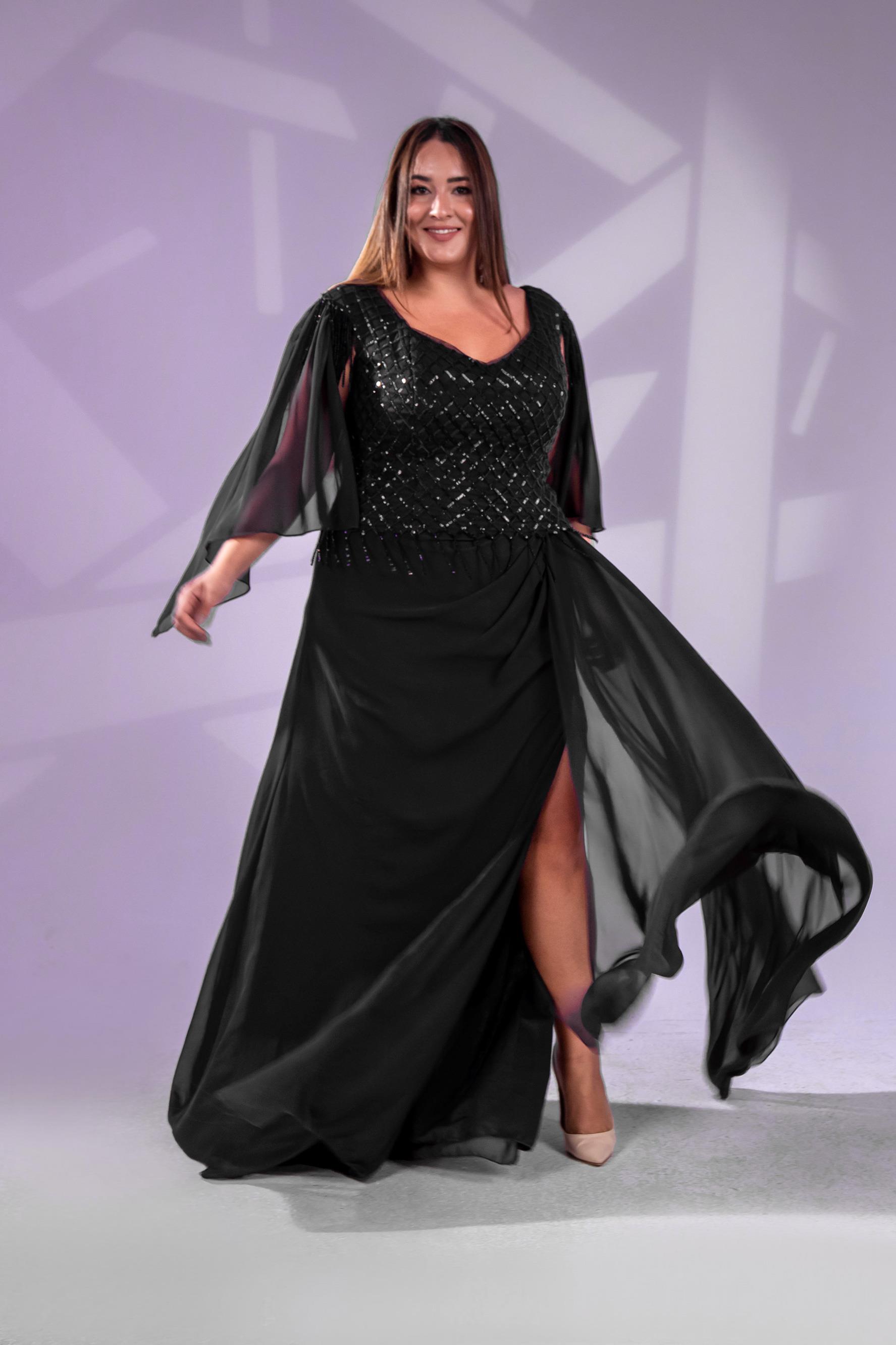 Büyük Beden 24220312  Pul Payetli Şifon Abiye  Siyah