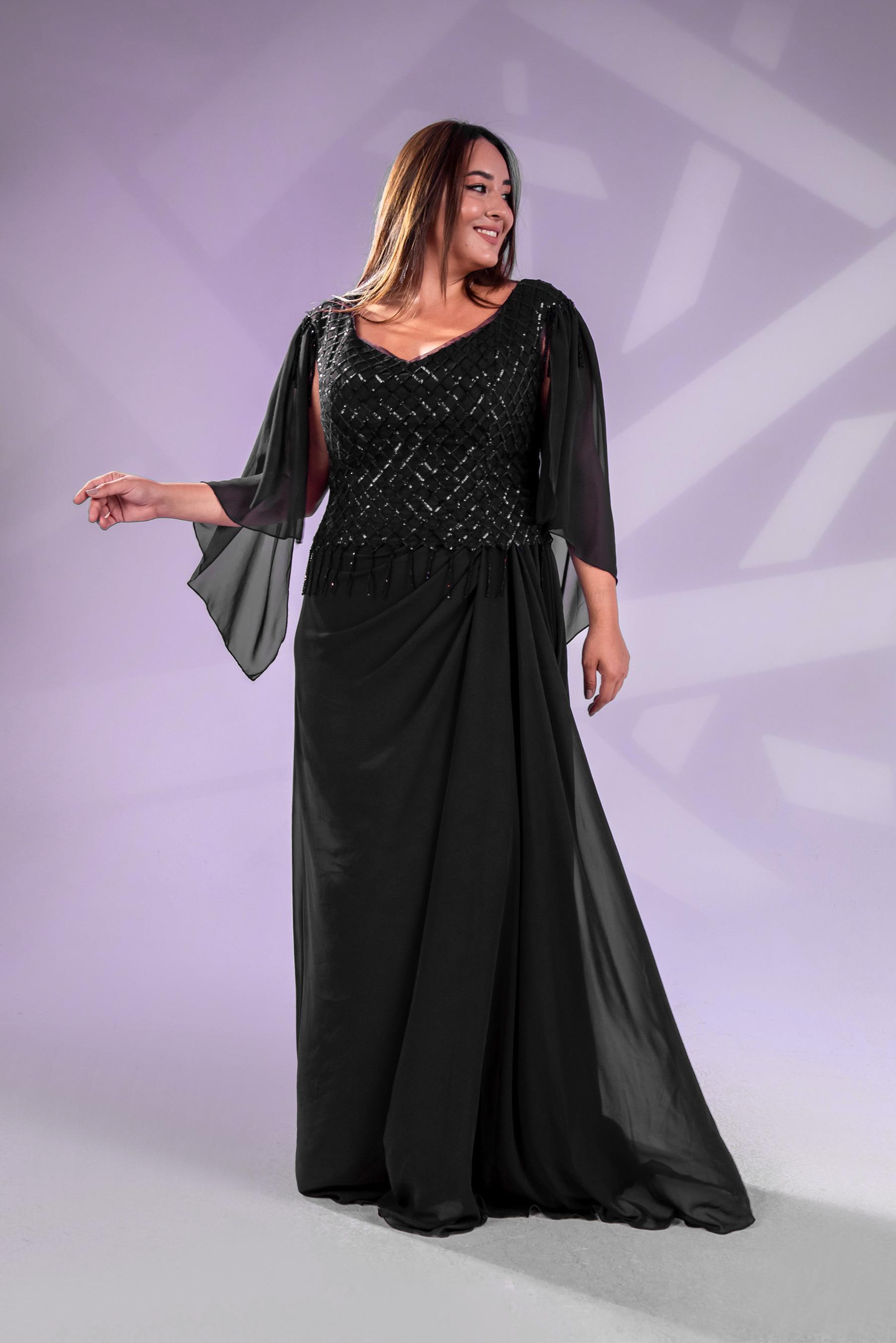 Büyük Beden 24220312  Pul Payetli Şifon Abiye  Siyah