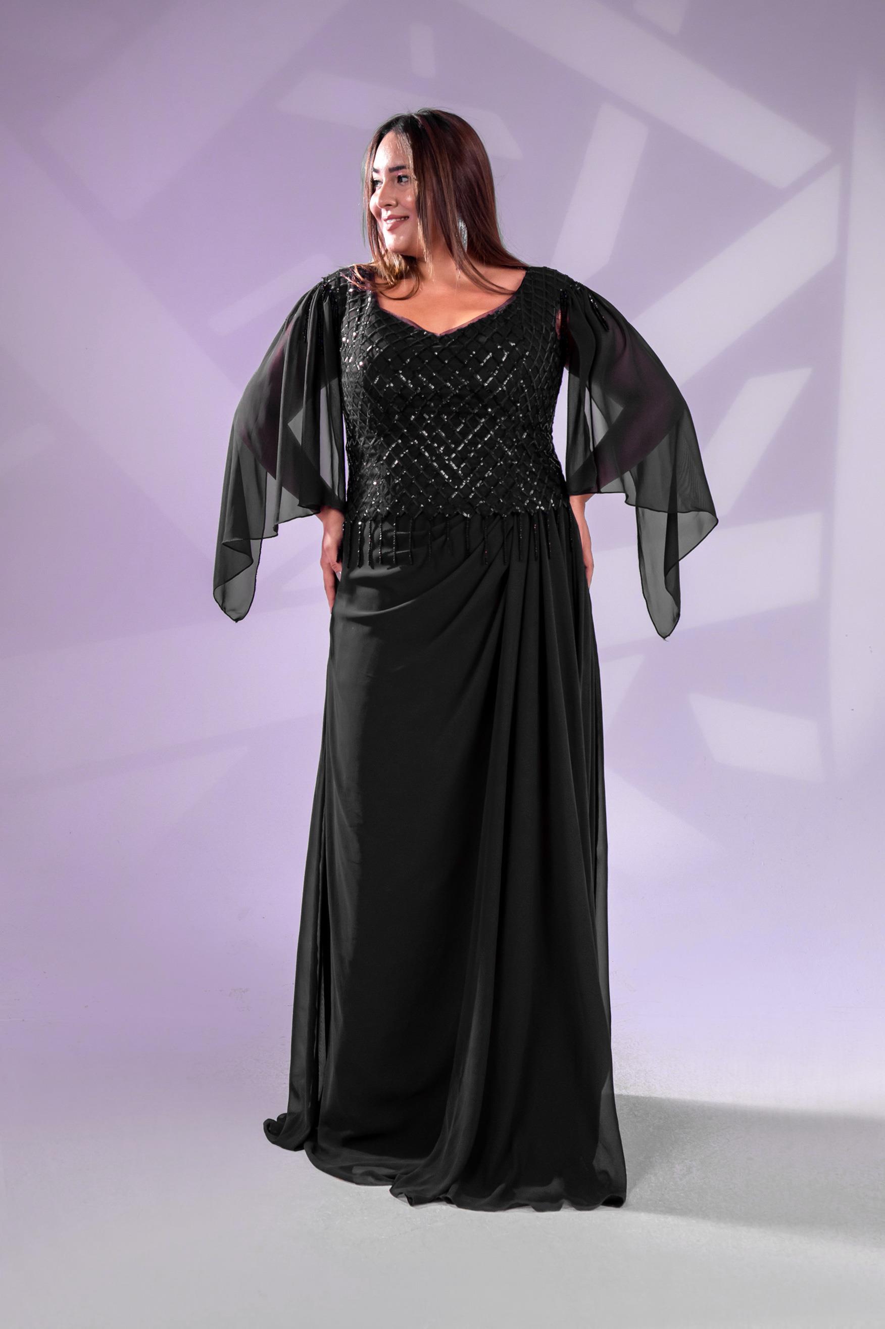 Büyük Beden 24220312  Pul Payetli Şifon Abiye  Siyah