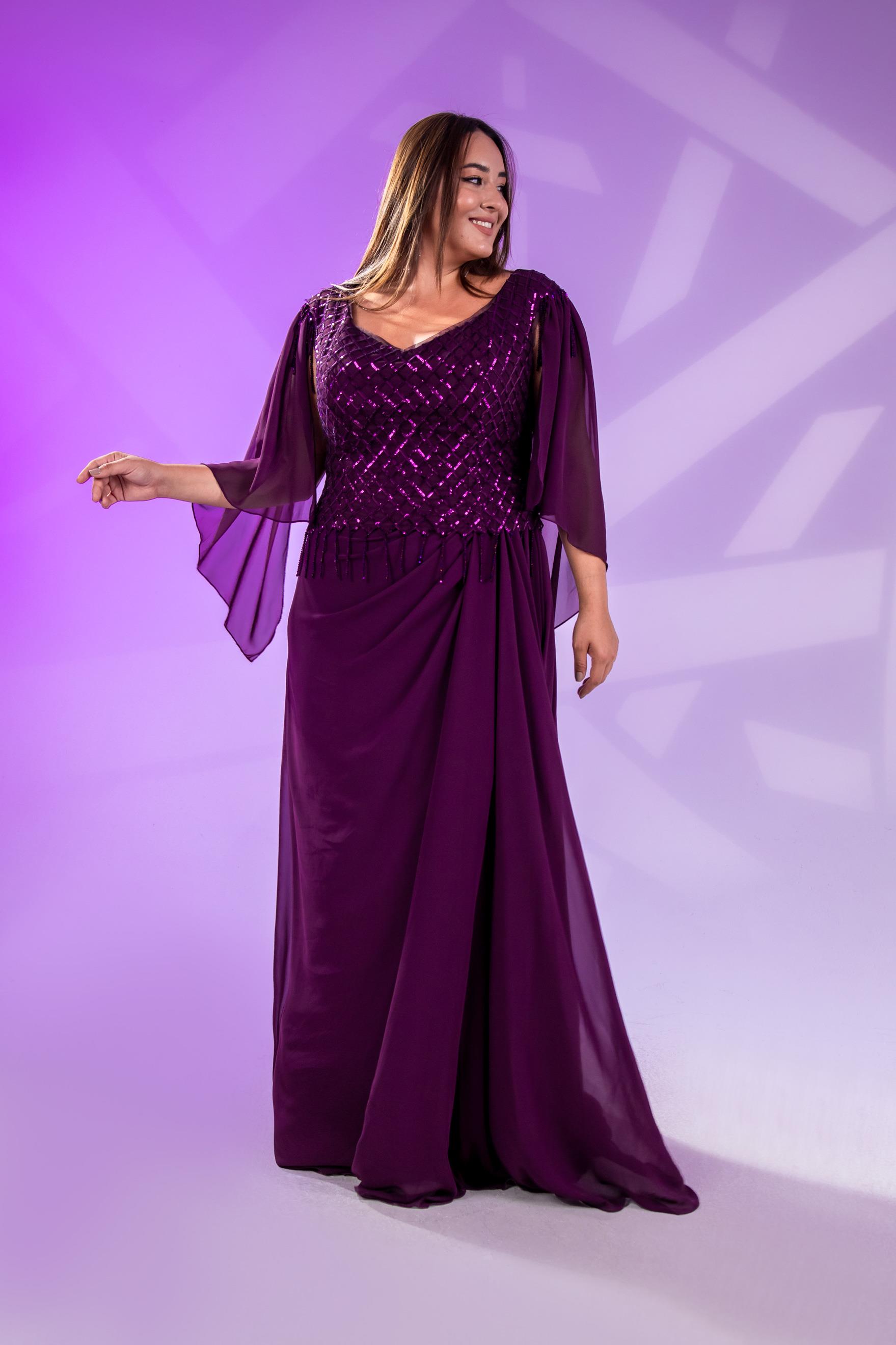 Büyük Beden 24220312  Pul Payetli Şifon Abiye  Mürdüm