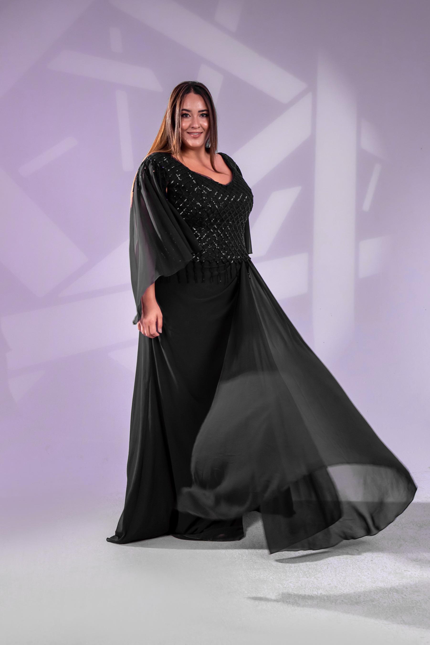 Büyük Beden 24220312  Pul Payetli Şifon Abiye  Siyah