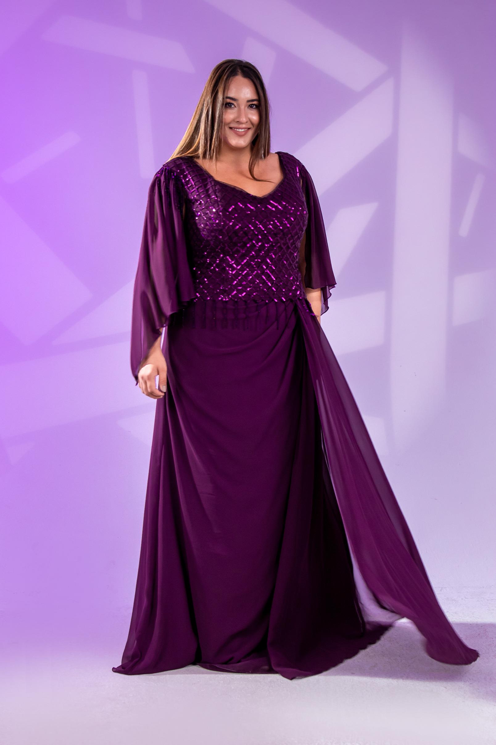 Büyük Beden 24220312  Pul Payetli Şifon Abiye  Mürdüm