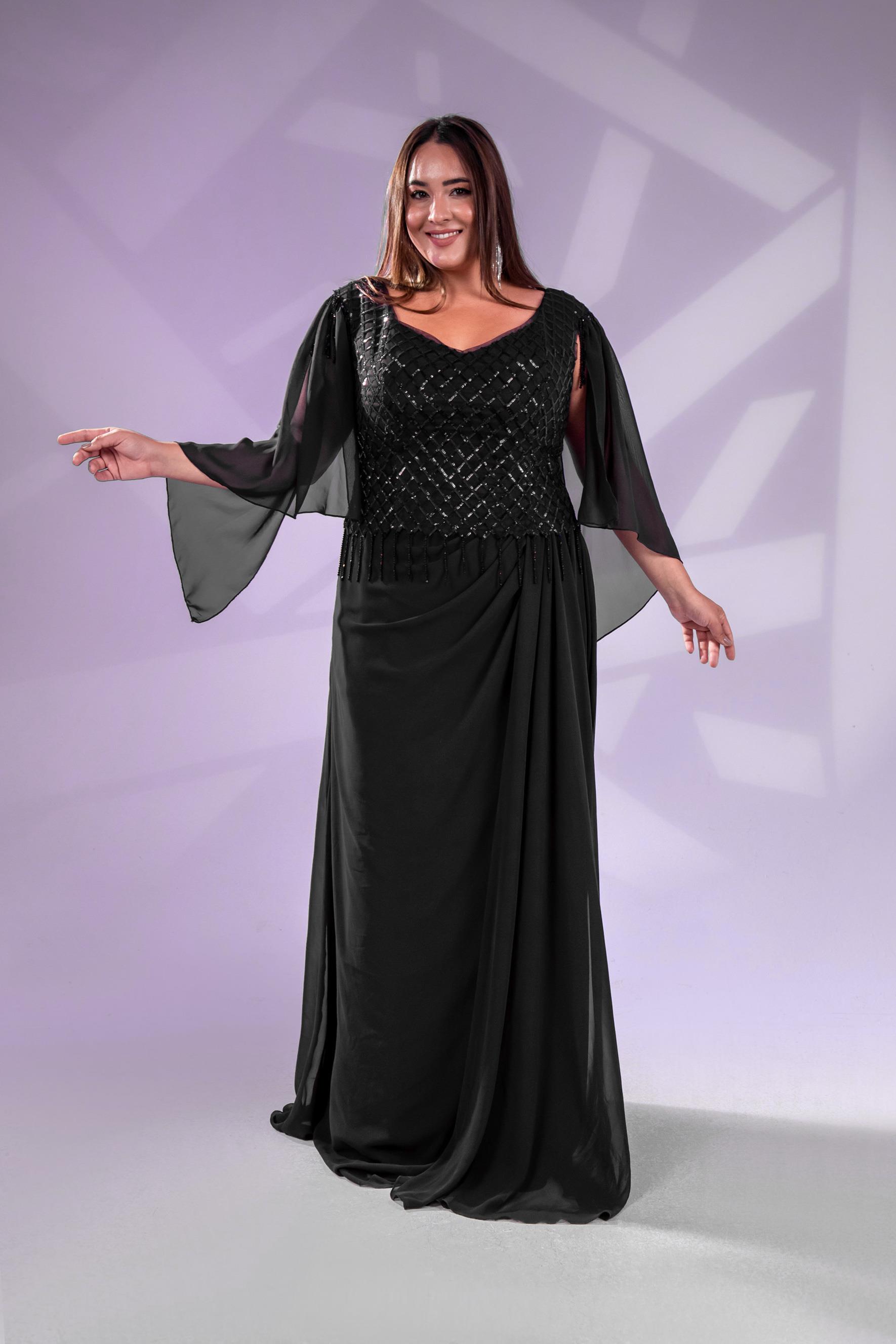 Büyük Beden 24220312  Pul Payetli Şifon Abiye  Siyah