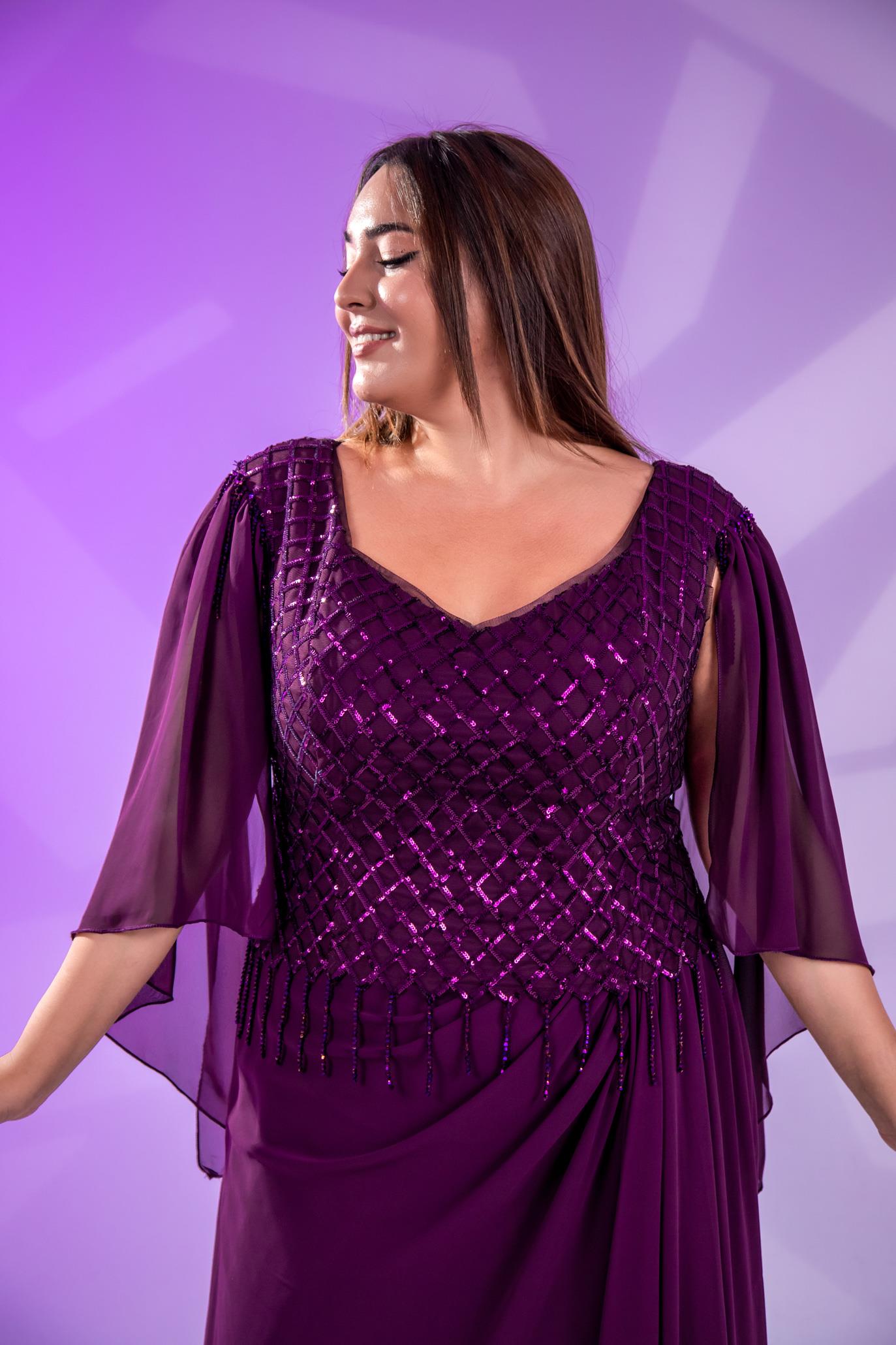 Büyük Beden 24220312  Pul Payetli Şifon Abiye  Mürdüm