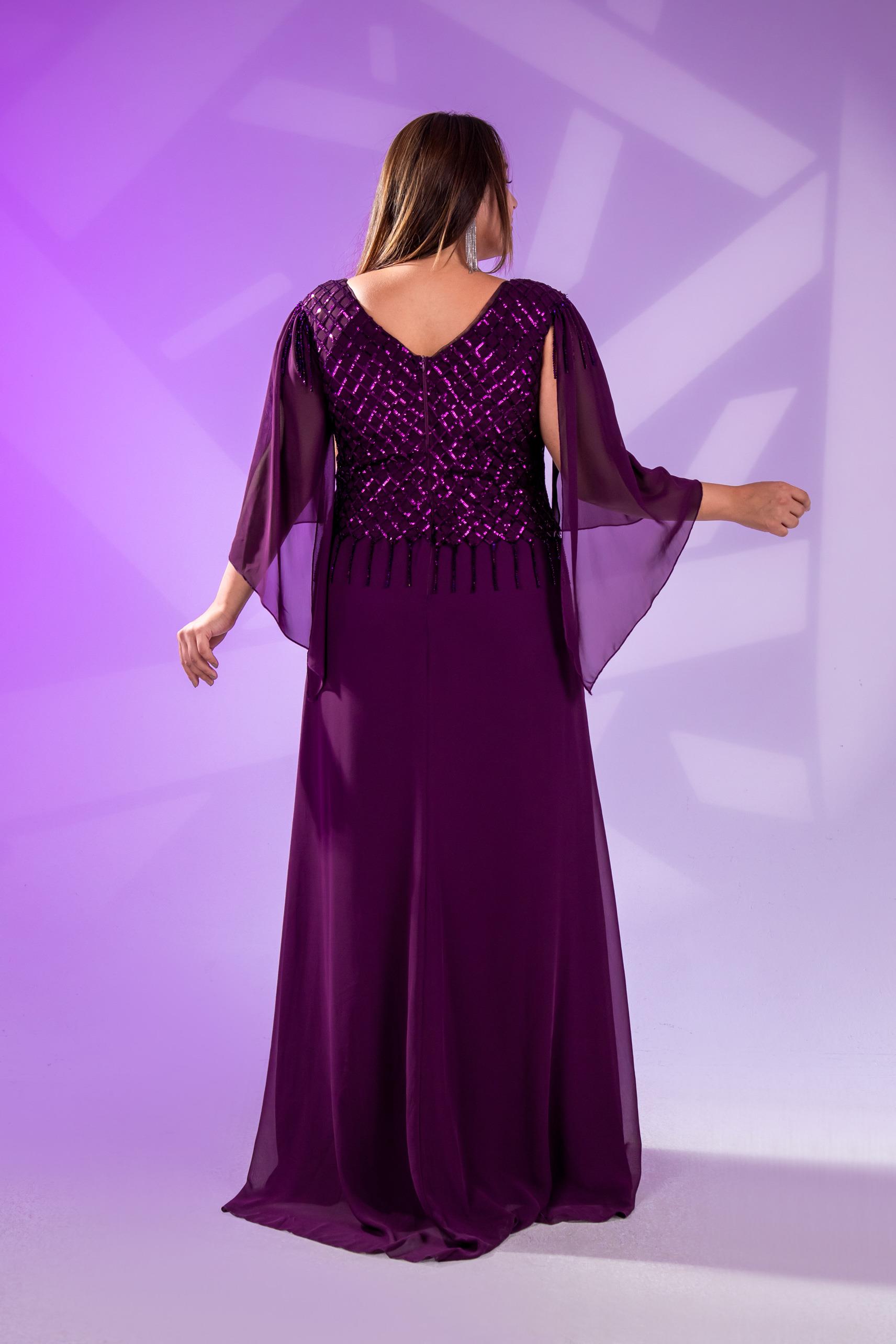 Büyük Beden 24220312  Pul Payetli Şifon Abiye  Mürdüm