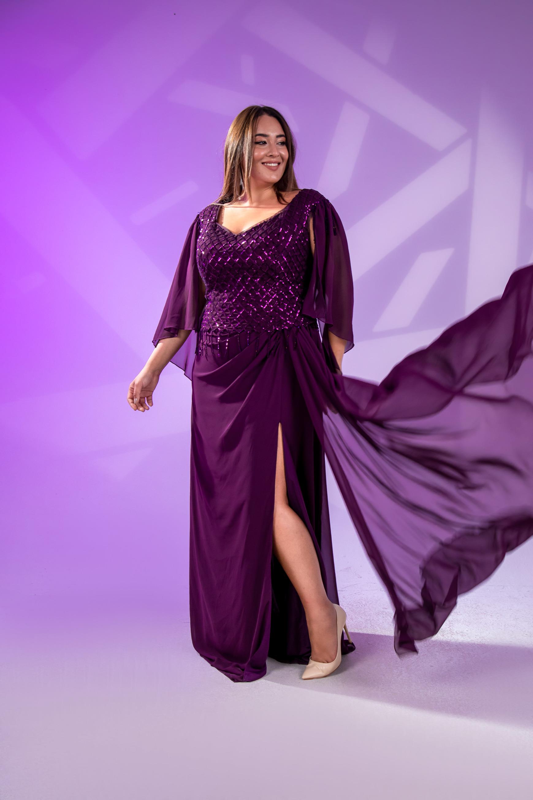 Büyük Beden 24220312  Pul Payetli Şifon Abiye  Mürdüm