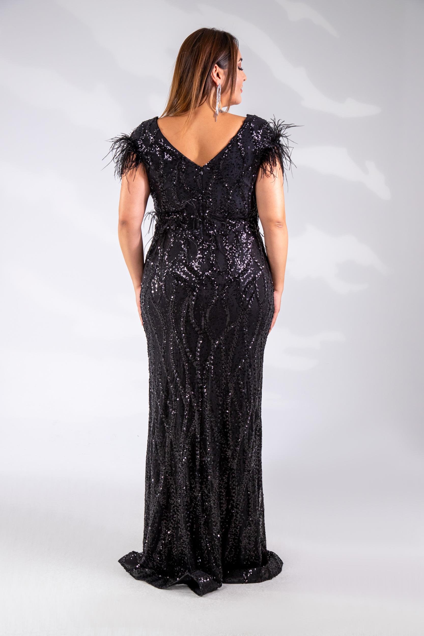 Büyük Beden 24220322 Omuzu Tüylü Uzun Abiye  Siyah