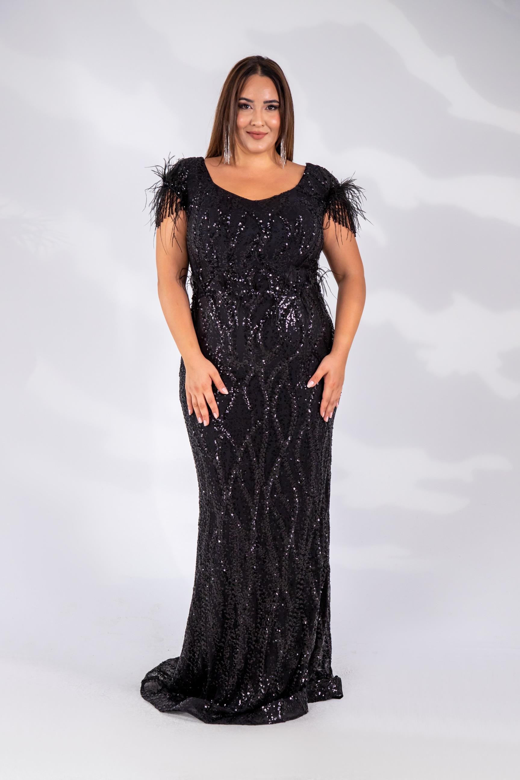 Büyük Beden 24220322 Omuzu Tüylü Uzun Abiye  Siyah