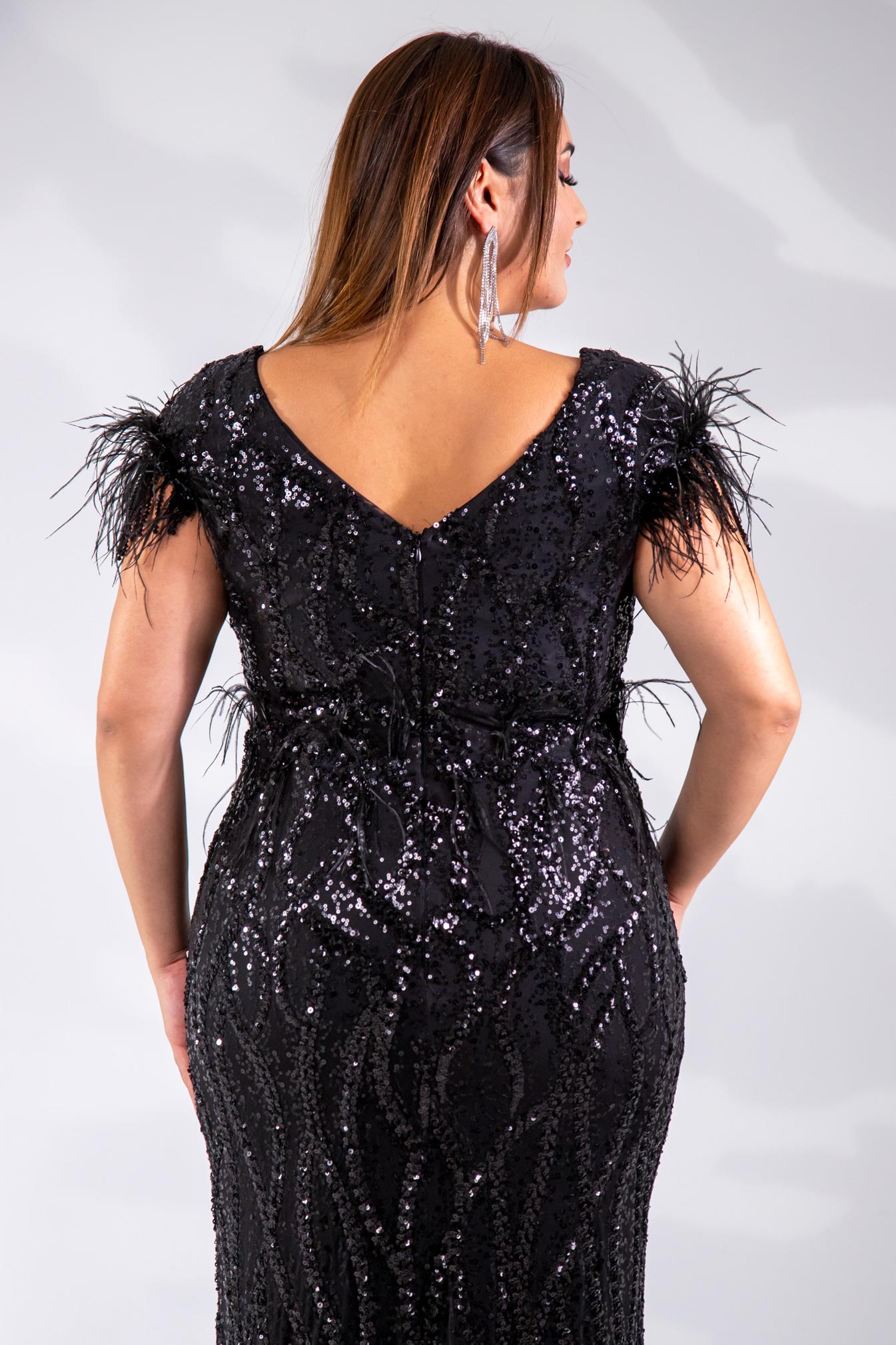 Büyük Beden 24220322 Omuzu Tüylü Uzun Abiye  Siyah