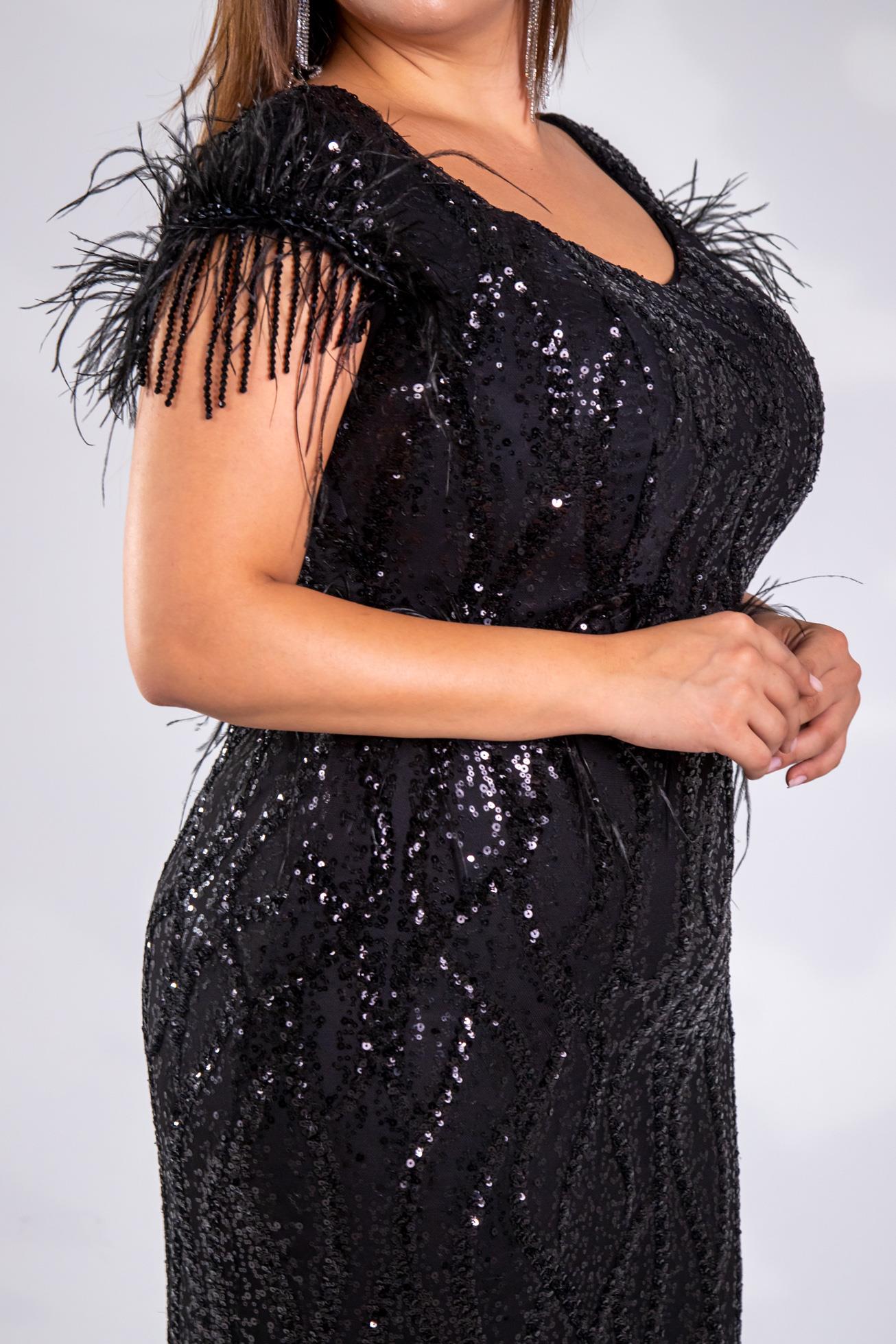 Büyük Beden 24220322 Omuzu Tüylü Uzun Abiye  Siyah