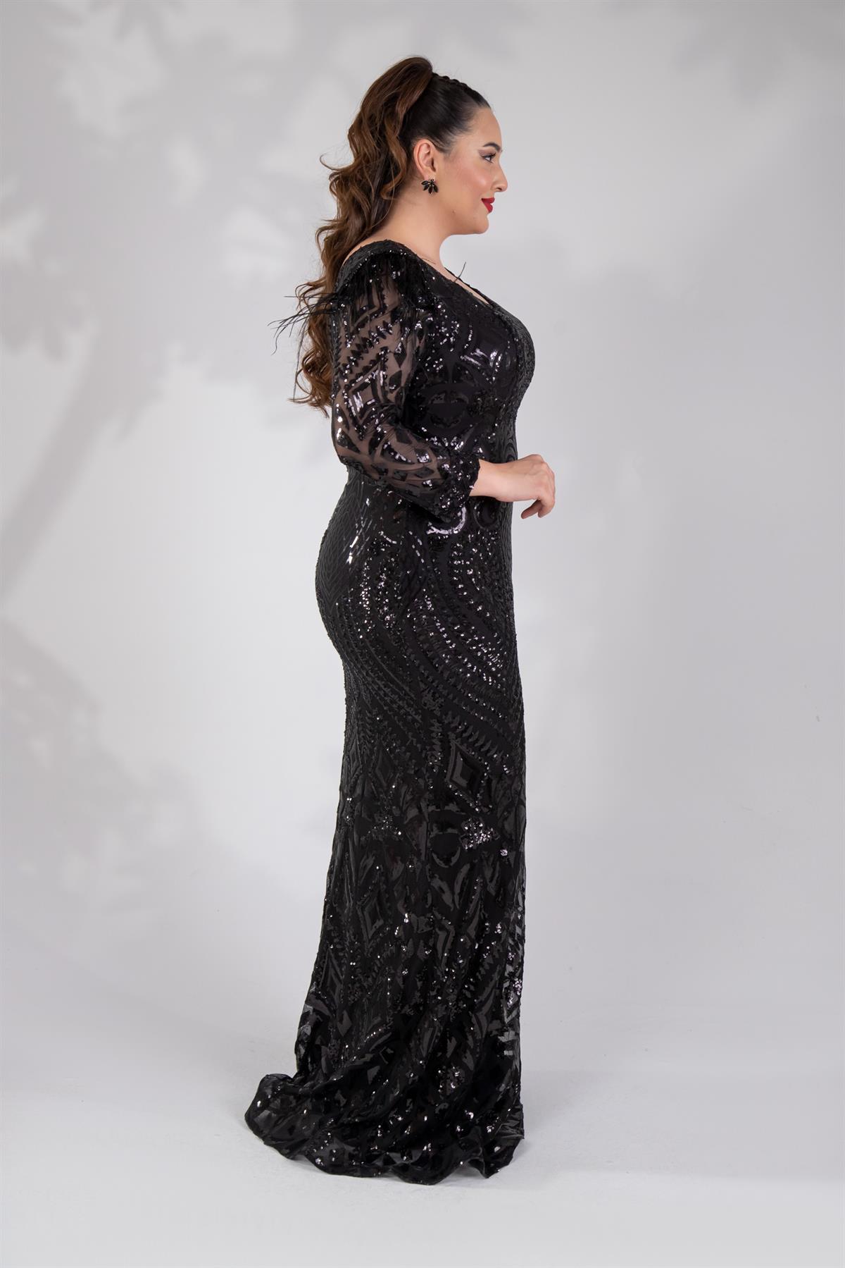 Büyük Beden 24220323 V Yaka Pul İşleme Abiye Siyah