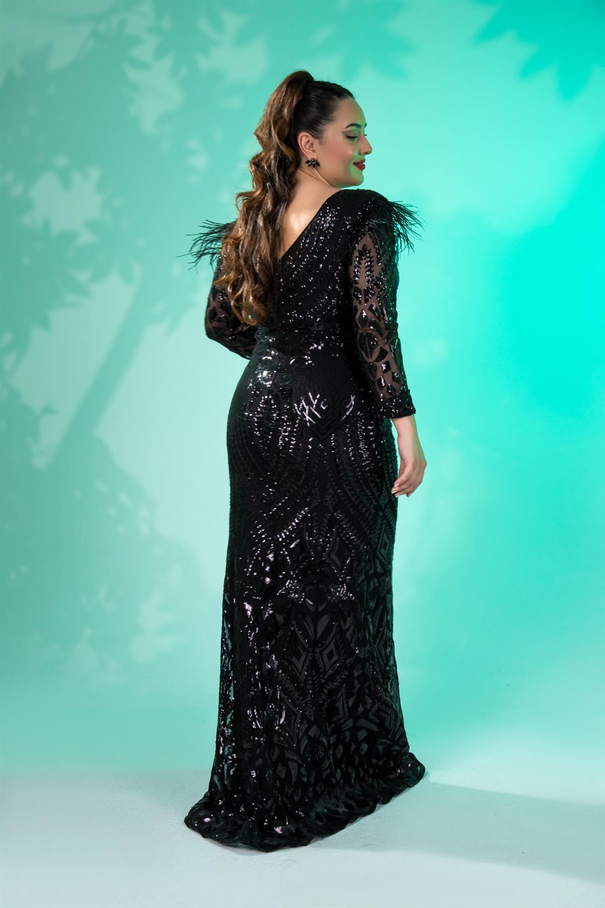 Büyük Beden 24220323 V Yaka Pul İşleme Abiye Siyah