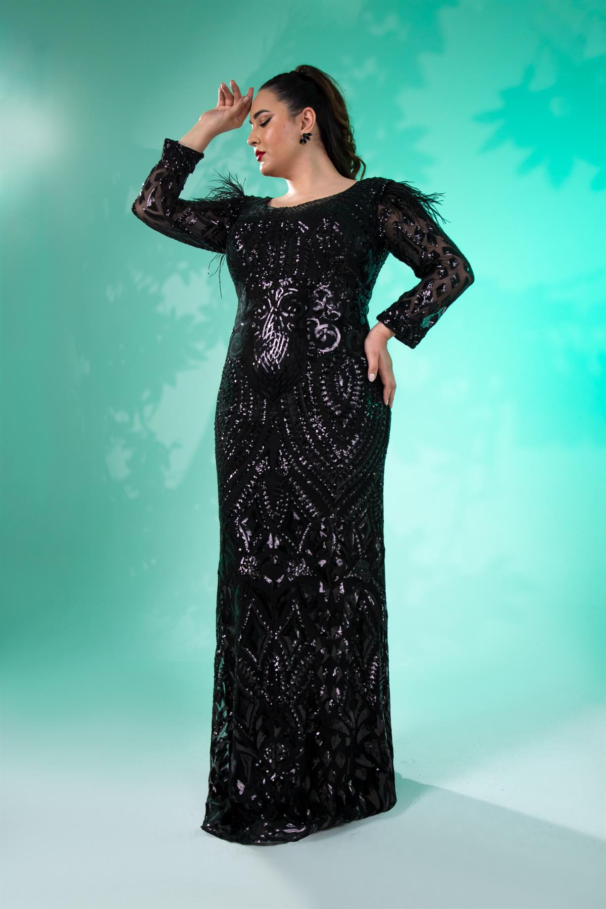 Büyük Beden 24220323 V Yaka Pul İşleme Abiye Siyah