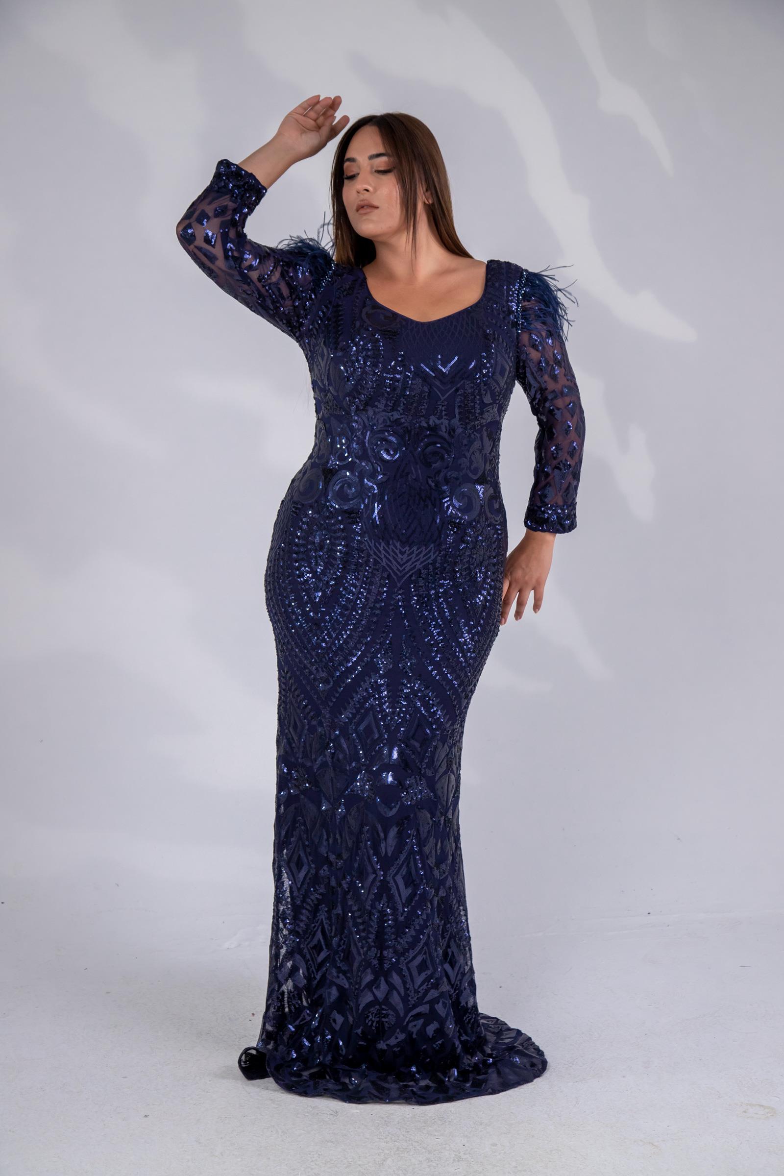 Büyük Beden 24220323 V Yaka Pul İşleme Abiye Lacivert