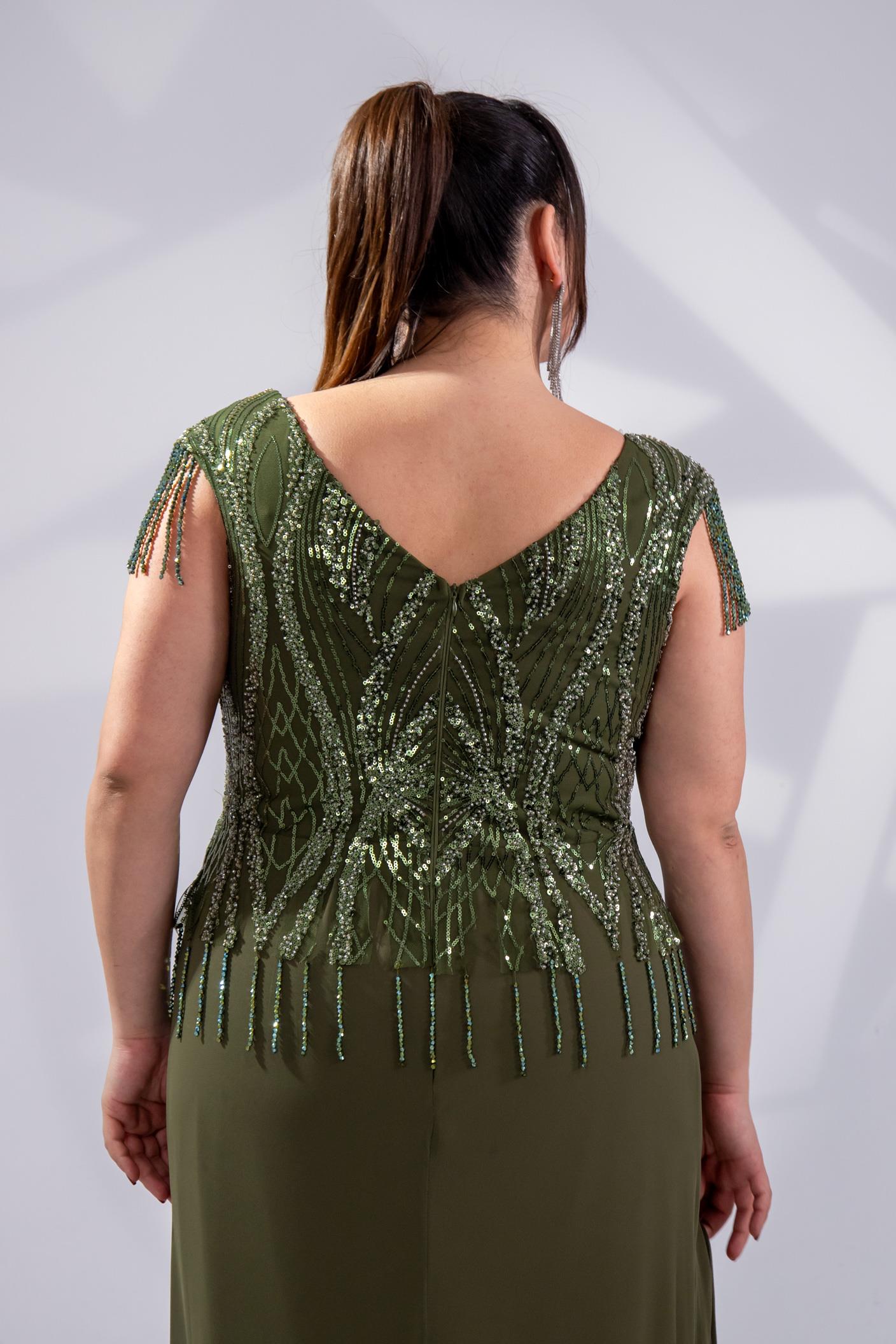 Büyük Beden 24220477 Pul İşlemeli Abiye Haki