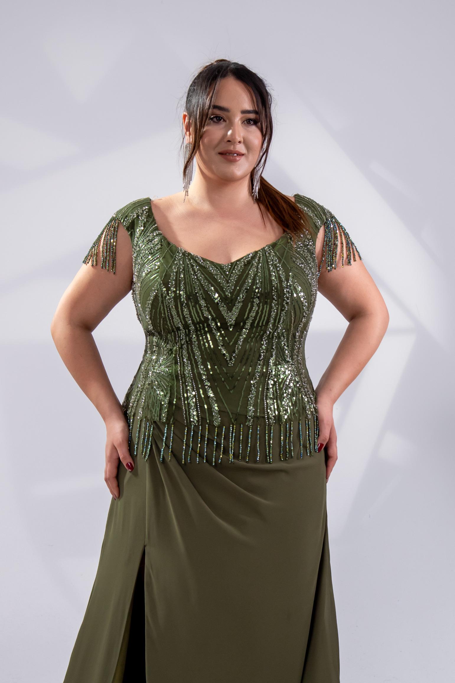 Büyük Beden 24220477 Pul İşlemeli Abiye Haki