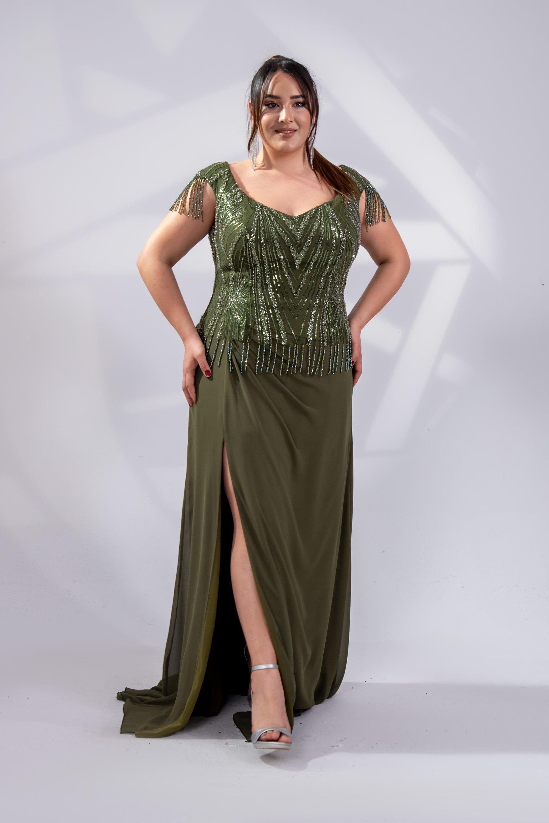 Büyük Beden 24220477 Pul İşlemeli Abiye Haki