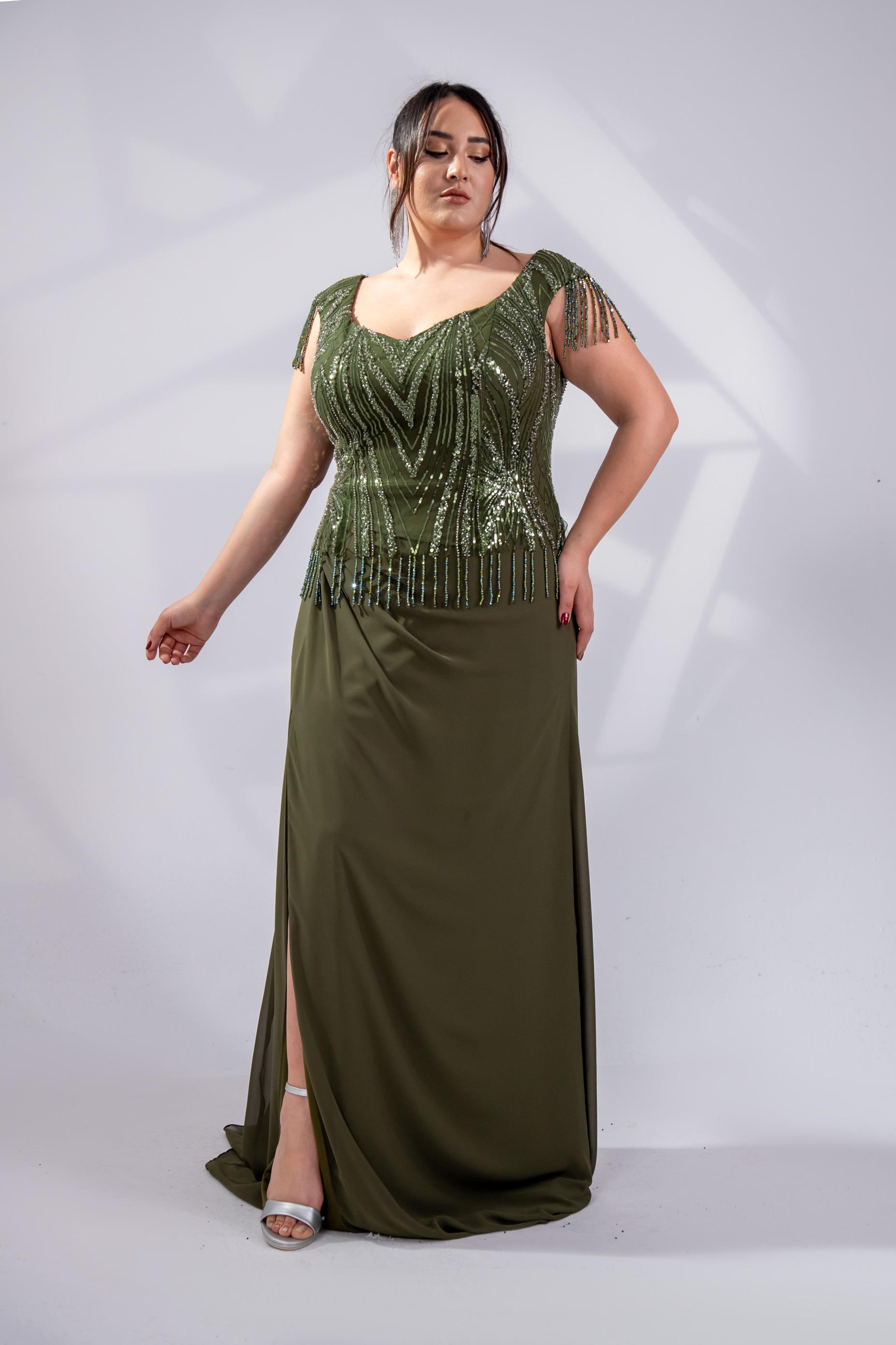 Büyük Beden 24220477 Pul İşlemeli Abiye Haki