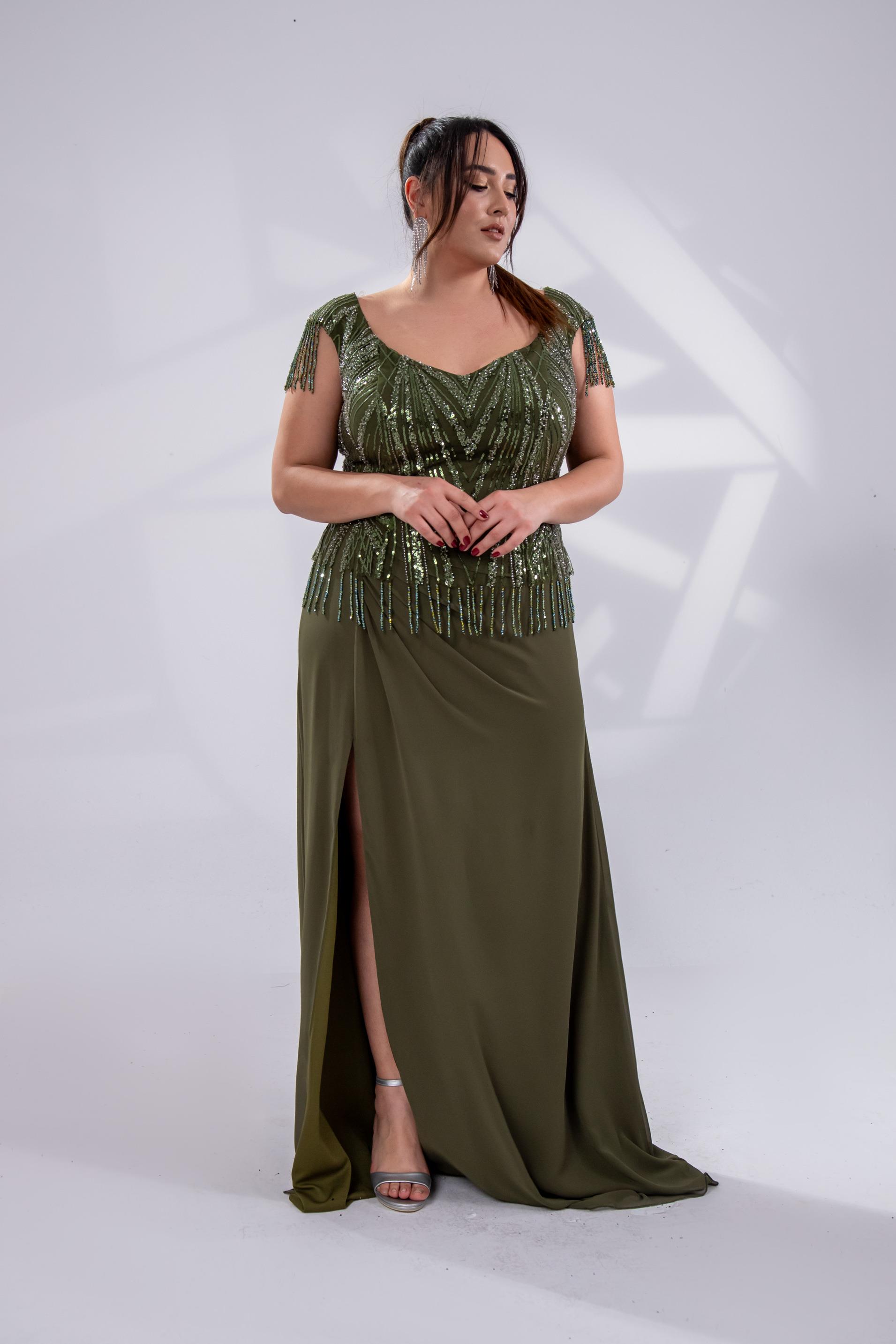 Büyük Beden 24220477 Pul İşlemeli Abiye Haki