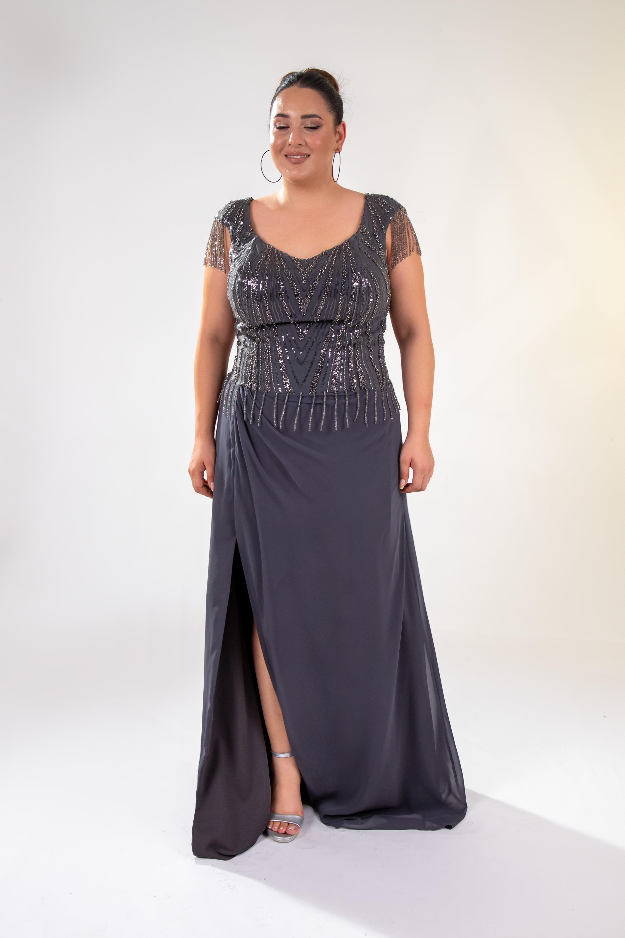 Büyük Beden 24220477 Pul İşlemeli Abiye Antrasit