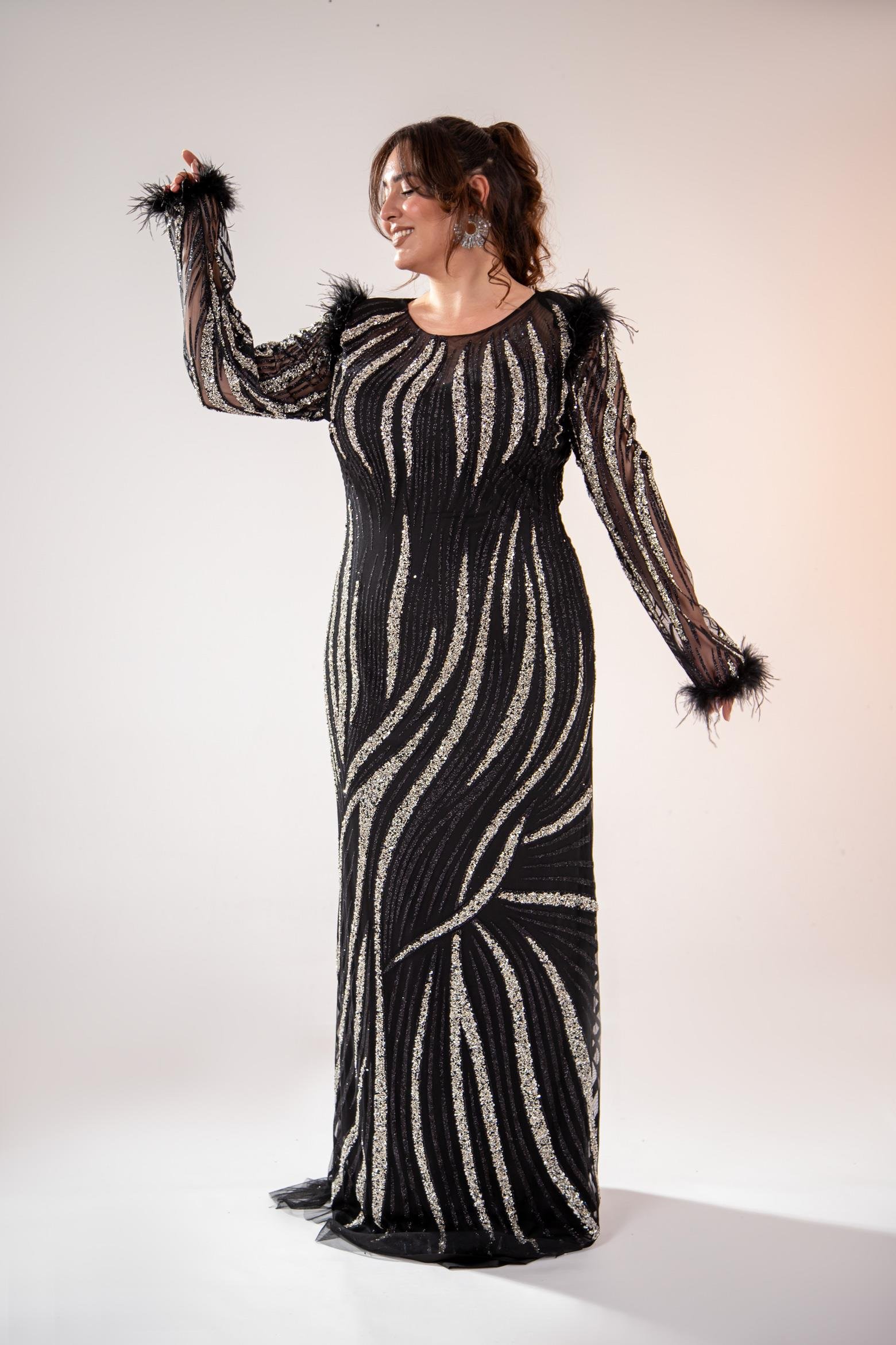 Büyük Beden 24220486 Yaka Detaylı Abiye  SiyaH-Gümüş