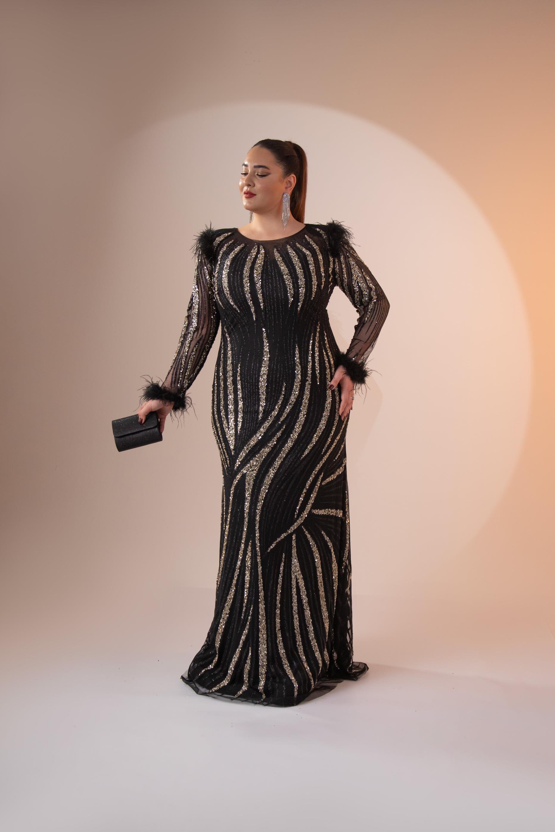 Büyük Beden 24220486 Yaka Detaylı Abiye  SiyaH-Gümüş