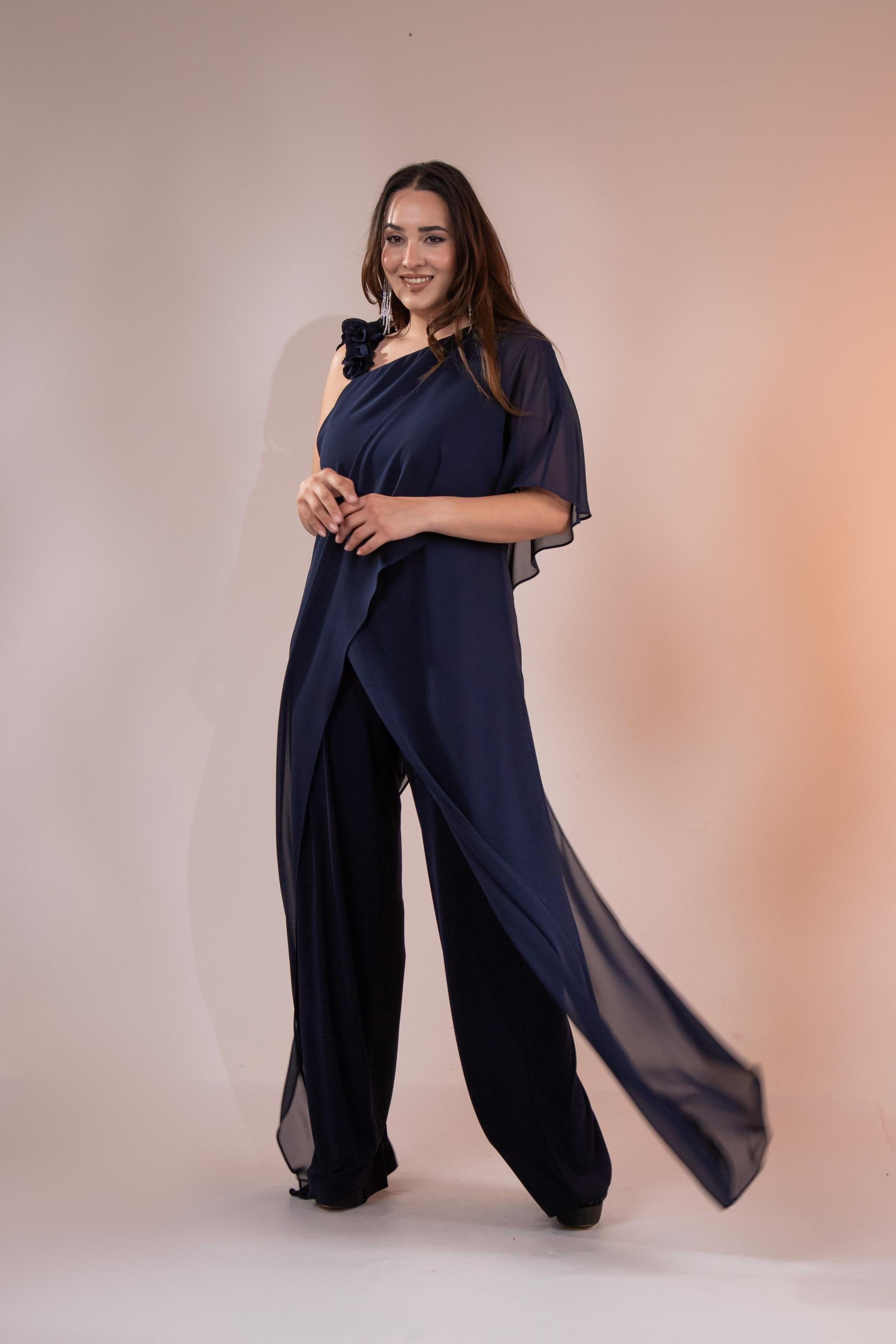 Büyük Beden 2422107 Şifon Tulum Abiye Lacivert