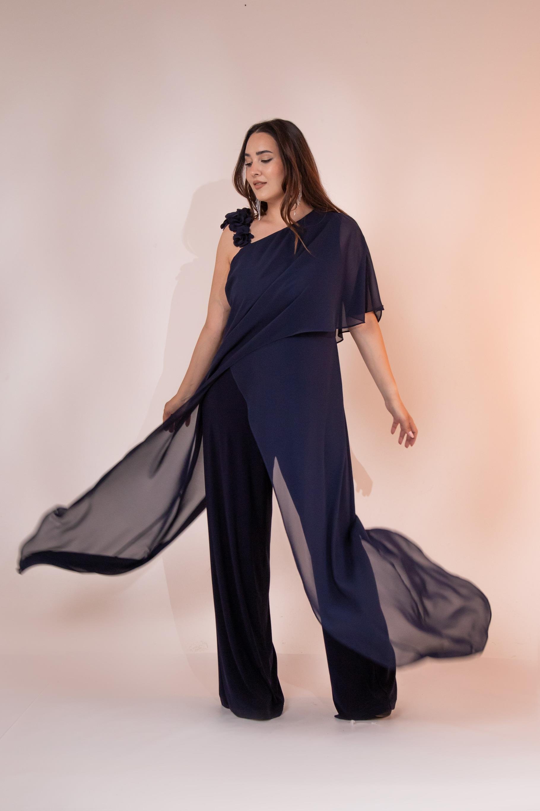 Büyük Beden 2422107 Şifon Tulum Abiye Lacivert