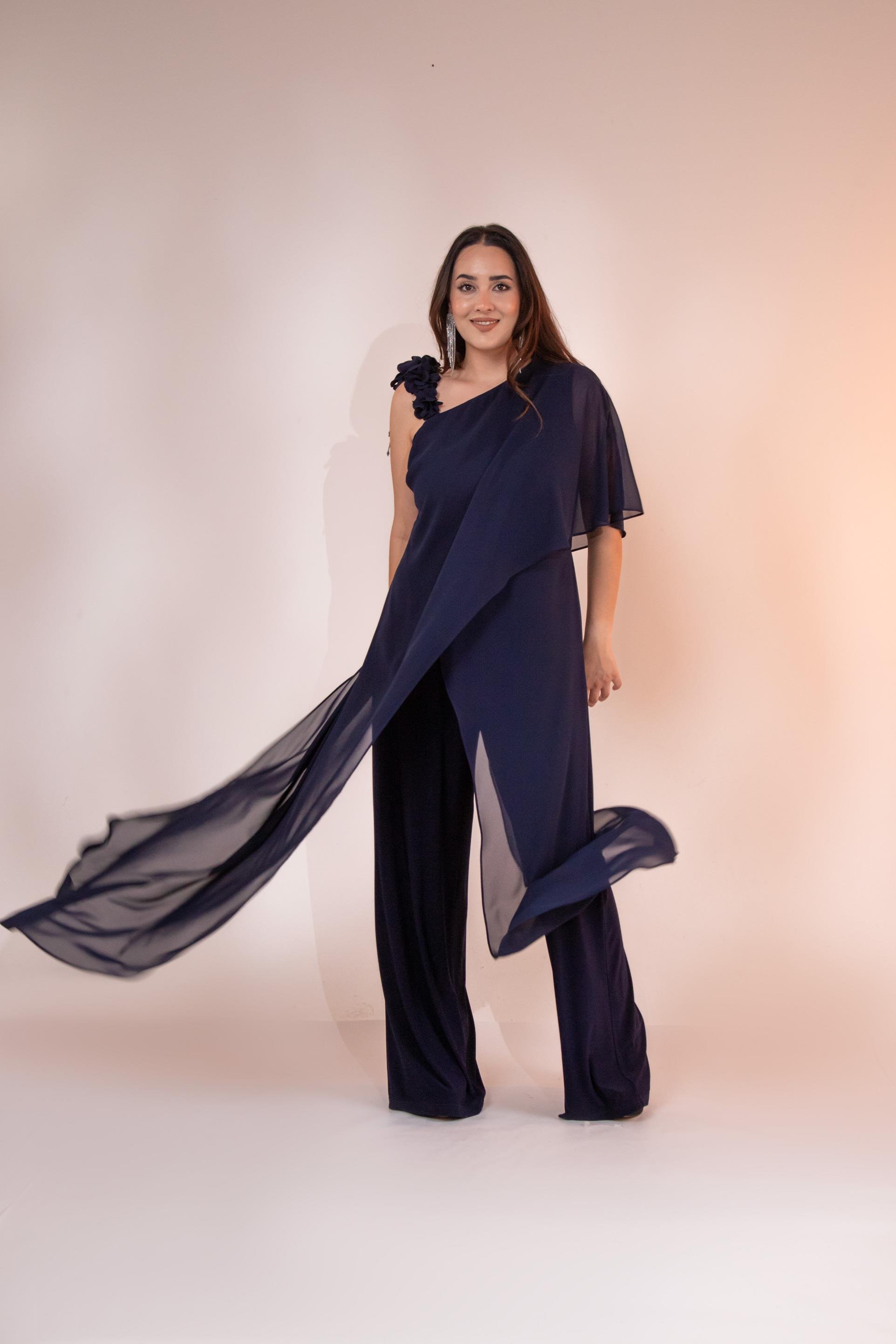 Büyük Beden 2422107 Şifon Tulum Abiye Lacivert