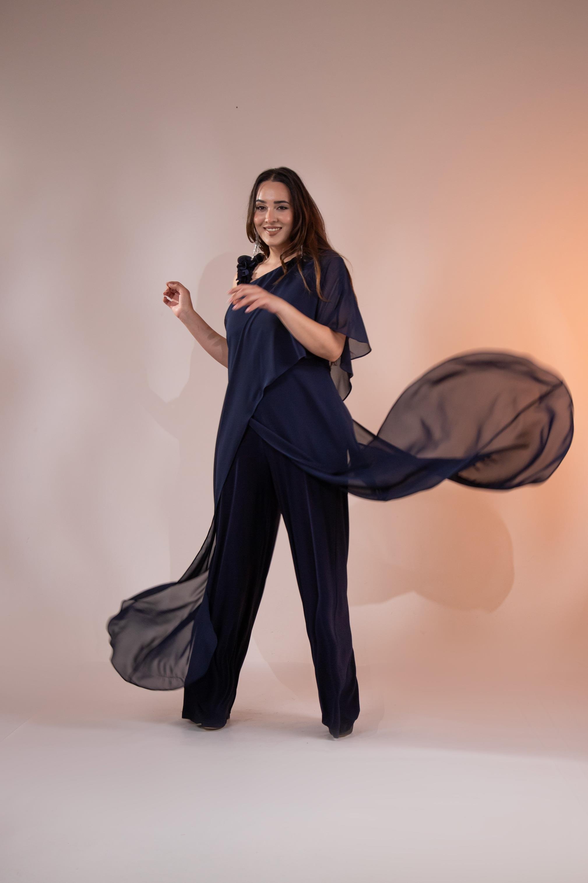 Büyük Beden 2422107 Şifon Tulum Abiye Lacivert