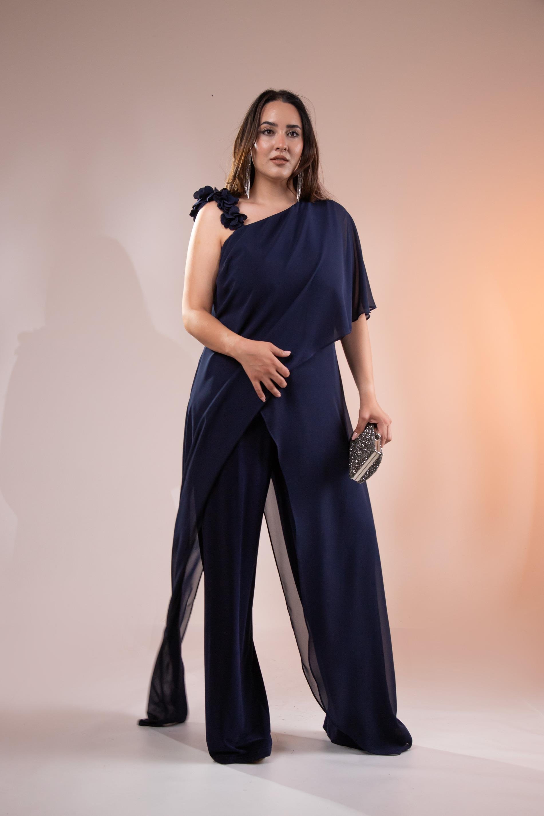 Büyük Beden 2422107 Şifon Tulum Abiye Lacivert