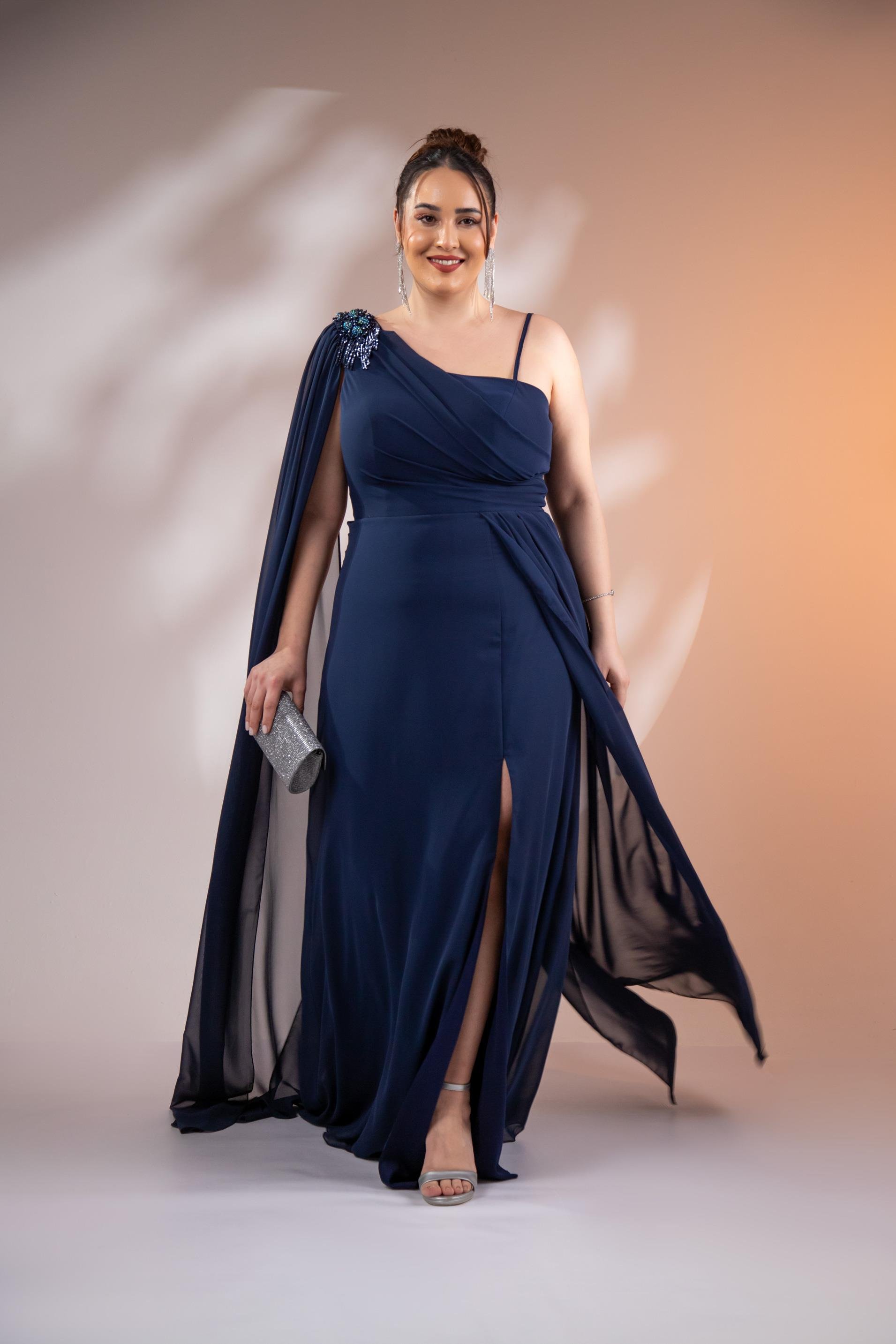 Büyük Beden 2422506 Tek Omuz Askılı Abiye Lacivert