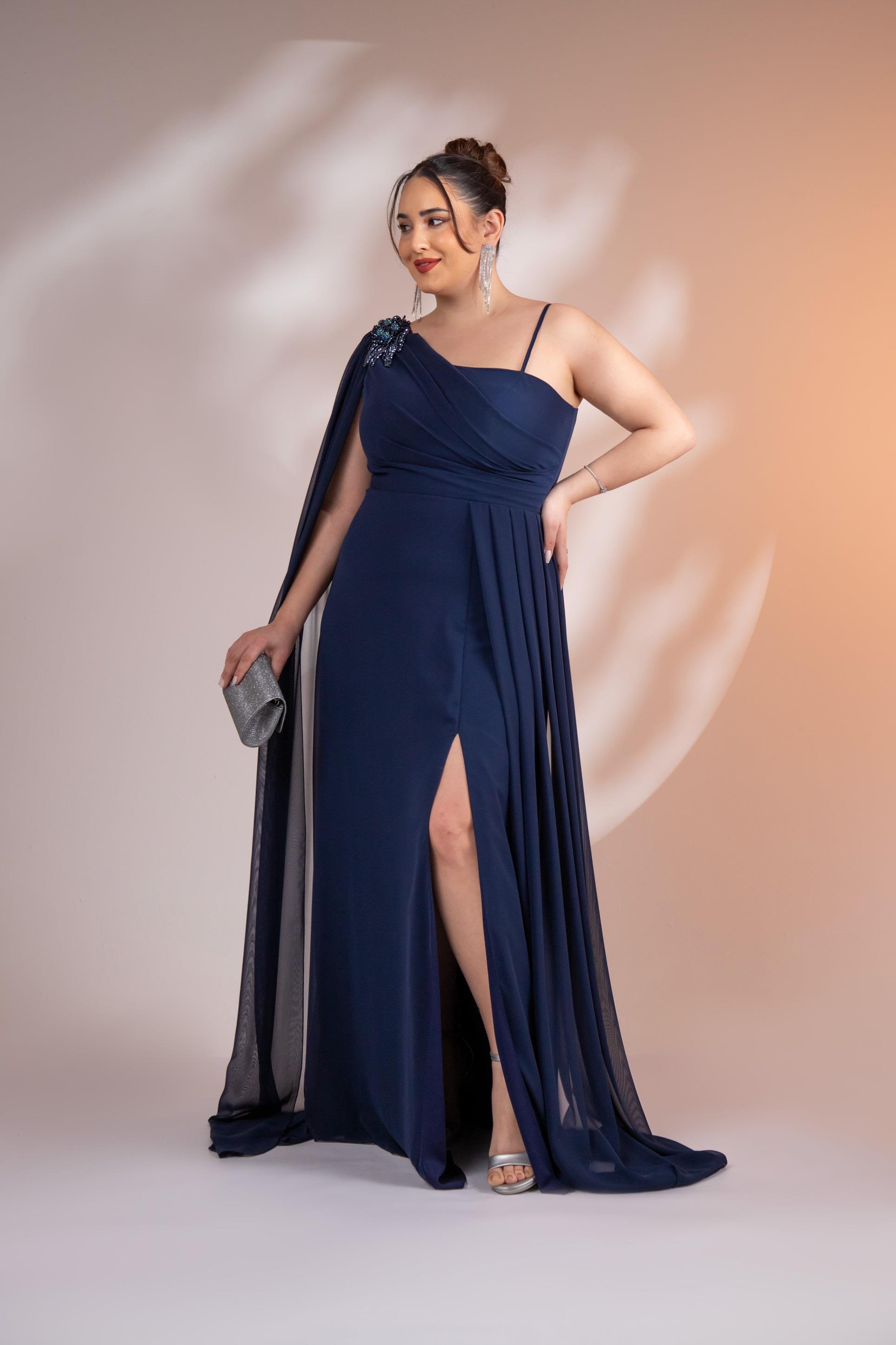 Büyük Beden 2422506 Tek Omuz Askılı Abiye Lacivert