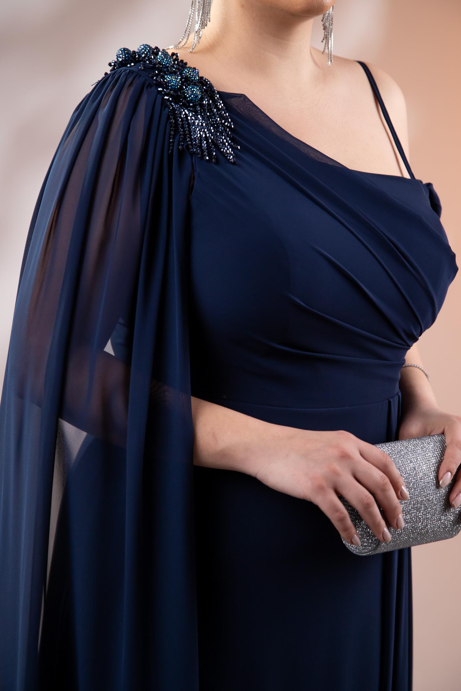 Büyük Beden 2422506 Tek Omuz Askılı Abiye Lacivert