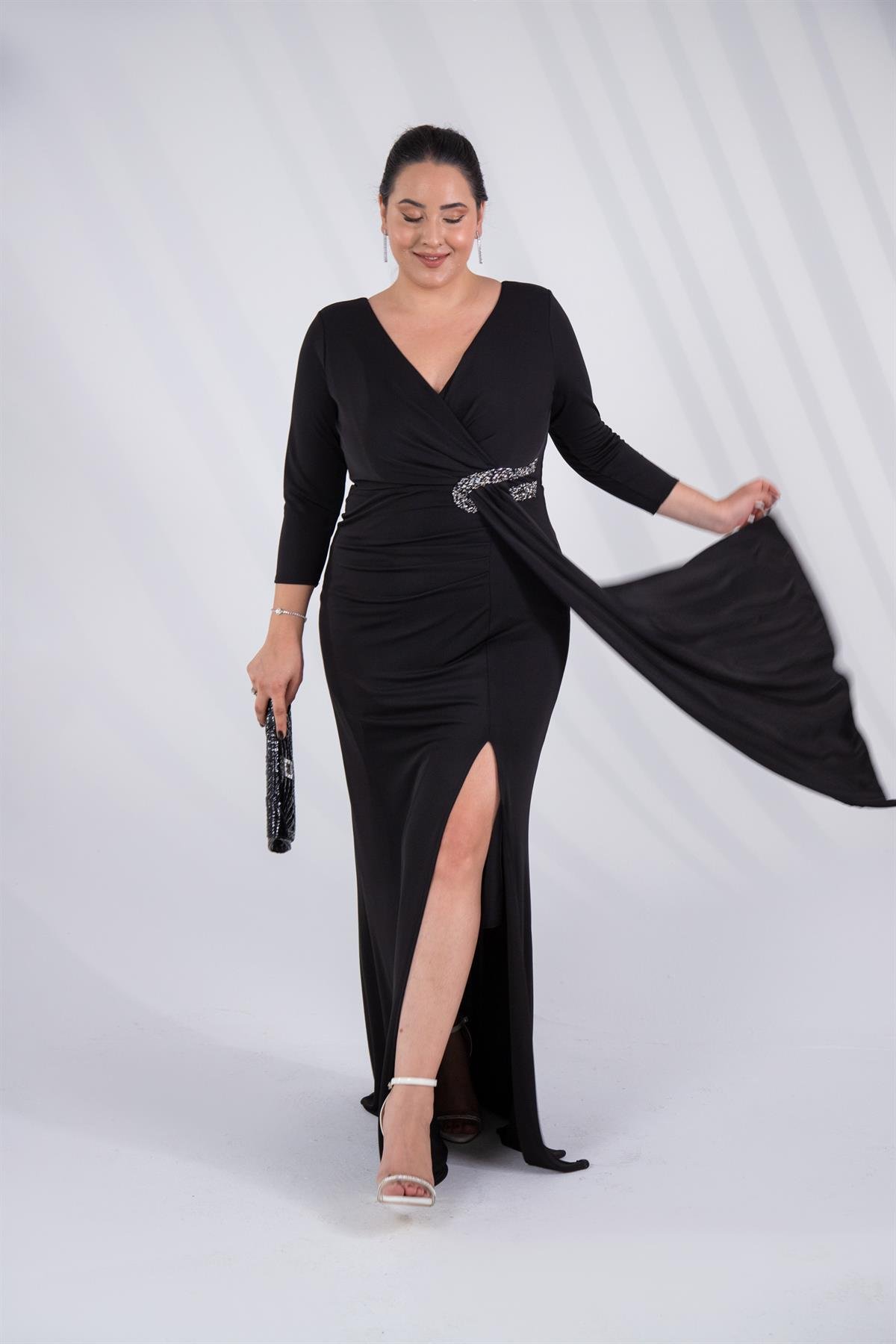 Büyük Beden 24225100 Beli Taşlı Yırtmaçlı Abiye  Siyah