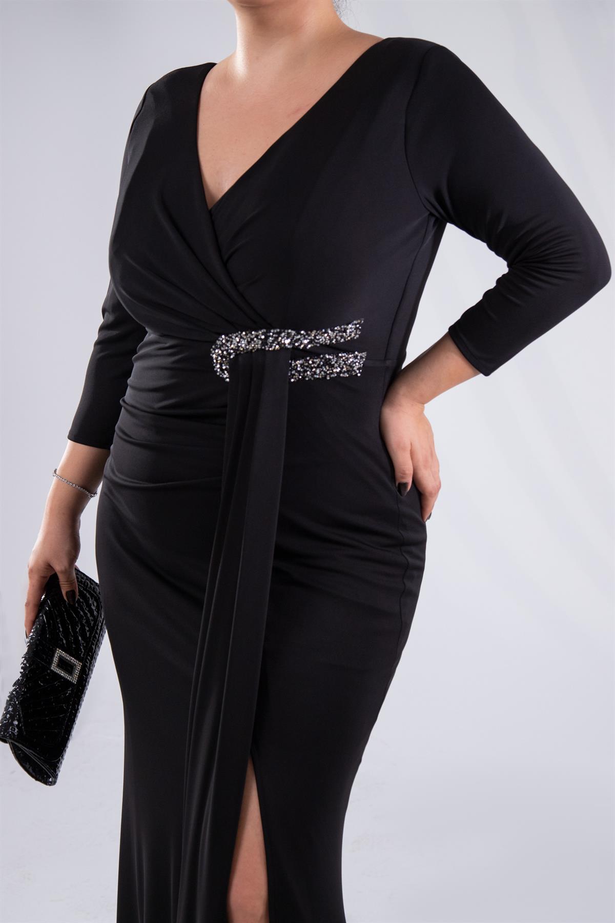 Büyük Beden 24225100 Beli Taşlı Yırtmaçlı Abiye  Siyah