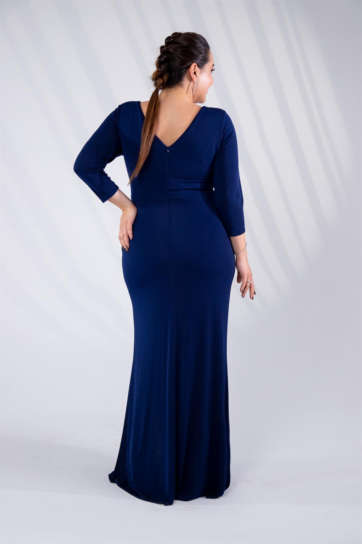 Büyük Beden 24225100 Beli Taşlı Yırtmaçlı Abiye  Lacivert