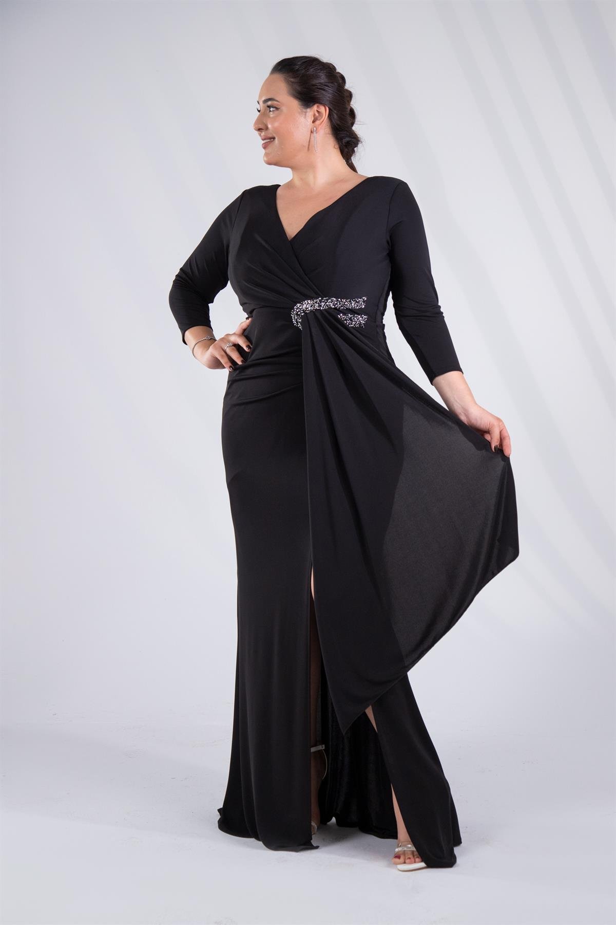 Büyük Beden 24225100 Beli Taşlı Yırtmaçlı Abiye  Siyah