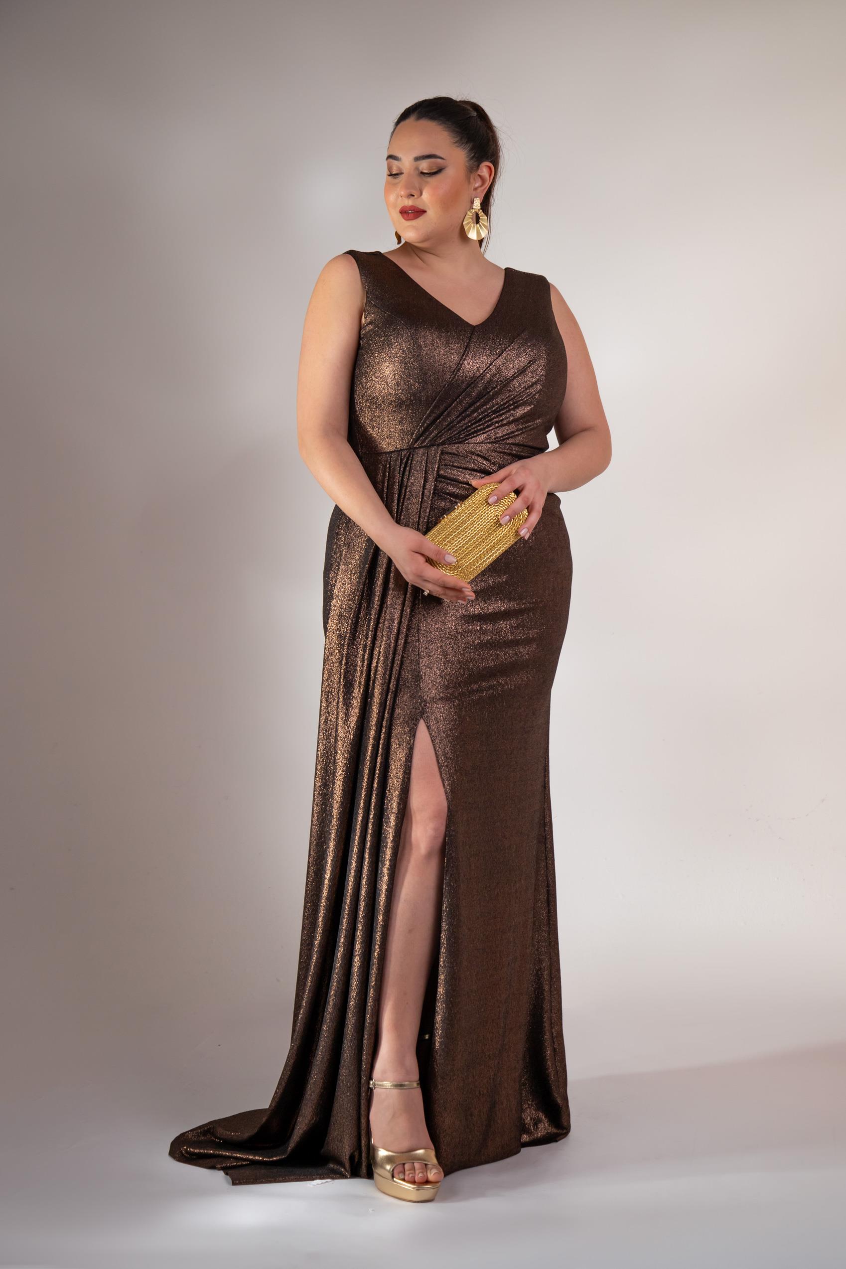 Büyük Beden 2422511 Kruvaze Yaka Abiye Kahverengi